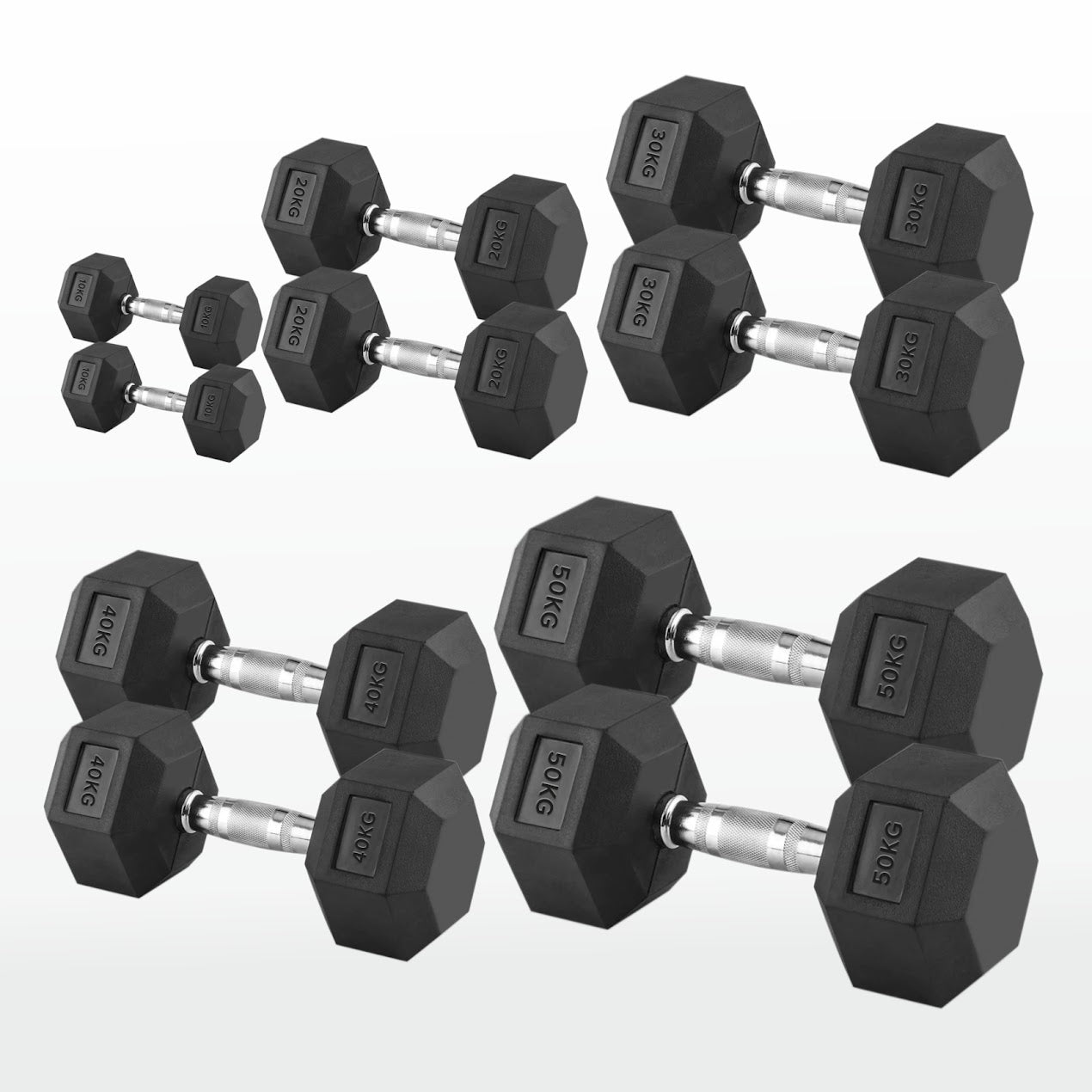 Hex Dumbbells 2.5kg-60kg Pairs & Sets – Rubber-Coated, Anti-Roll Weights with Rack Option – Strength Training for Home Gym or Studio Use