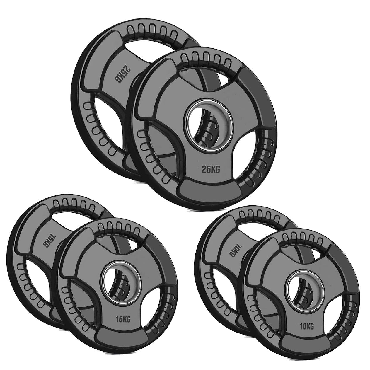 Black Rubber‑Coated Cast‑Iron Tri‑Grip Olympic Plate – Ergonomic Workout Disc for Strength Training, Deadlifts, Barbells & Dumbbells – Home Gym