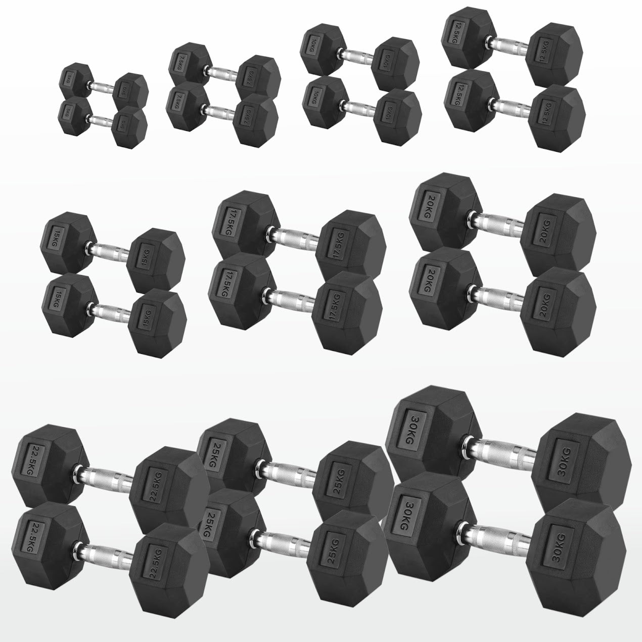 Hex Dumbbells 2.5kg-60kg Pairs & Sets – Rubber-Coated, Anti-Roll Weights with Rack Option – Strength Training for Home Gym or Studio Use