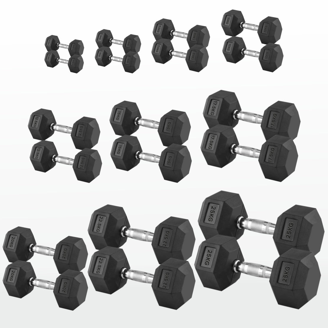 Hex Dumbbells 2.5kg-60kg Pairs & Sets – Rubber-Coated, Anti-Roll Weights with Rack Option – Strength Training for Home Gym or Studio Use