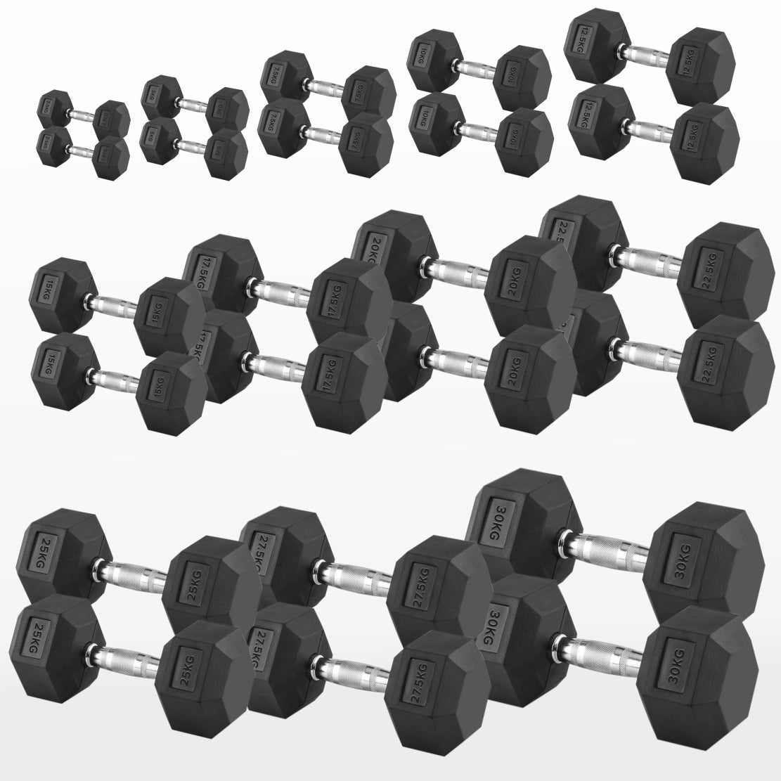 Hex Dumbbells 2.5kg-60kg Pairs & Sets – Rubber-Coated, Anti-Roll Weights with Rack Option – Strength Training for Home Gym or Studio Use