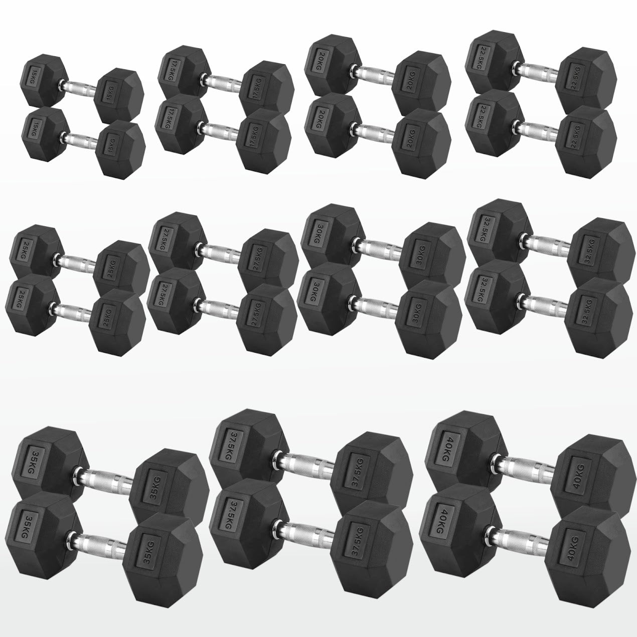 Hex Dumbbells 2.5kg-60kg Pairs & Sets – Rubber-Coated, Anti-Roll Weights with Rack Option – Strength Training for Home Gym or Studio Use