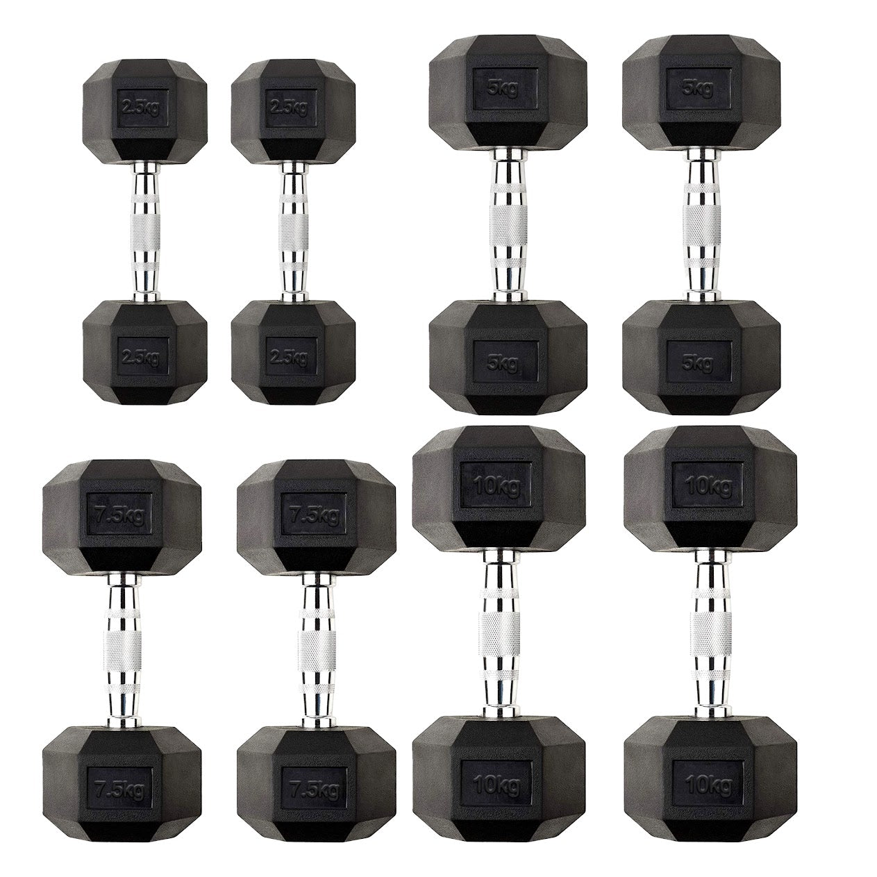 Hex Dumbbells 2.5kg-60kg Pairs & Sets – Rubber-Coated, Anti-Roll Weights with Rack Option – Strength Training for Home Gym or Studio Use