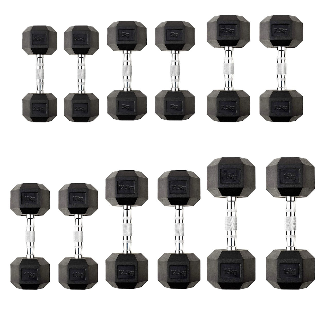 Hex Dumbbells 2.5kg-60kg Pairs & Sets – Rubber-Coated, Anti-Roll Weights with Rack Option – Strength Training for Home Gym or Studio Use