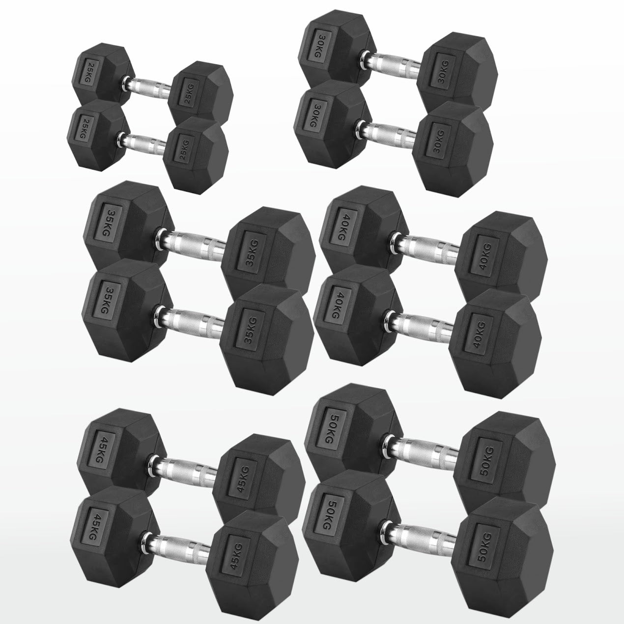 Hex Dumbbells 2.5kg-60kg Pairs & Sets – Rubber-Coated, Anti-Roll Weights with Rack Option – Strength Training for Home Gym or Studio Use