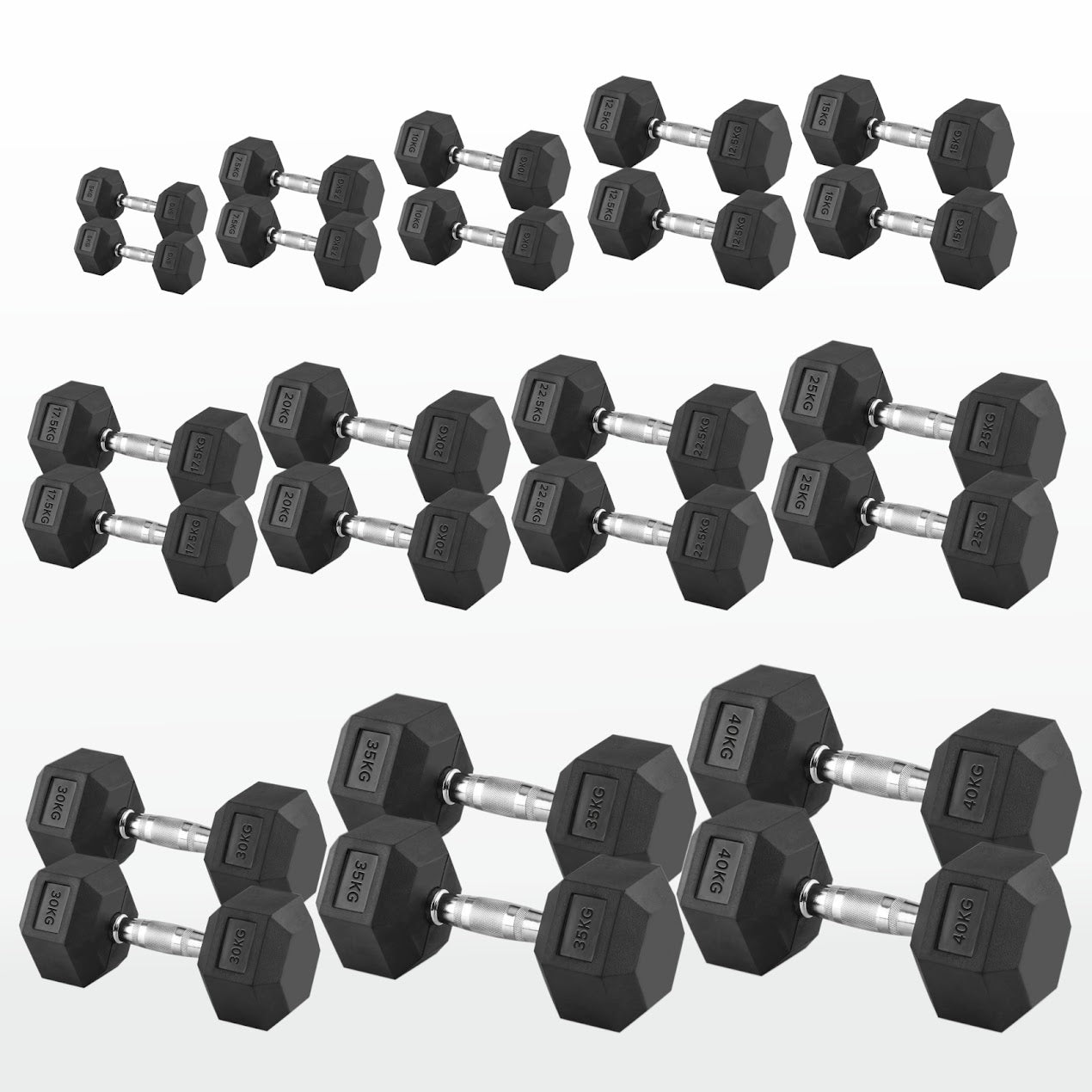 Hex Dumbbells 2.5kg-60kg Pairs & Sets – Rubber-Coated, Anti-Roll Weights with Rack Option – Strength Training for Home Gym or Studio Use