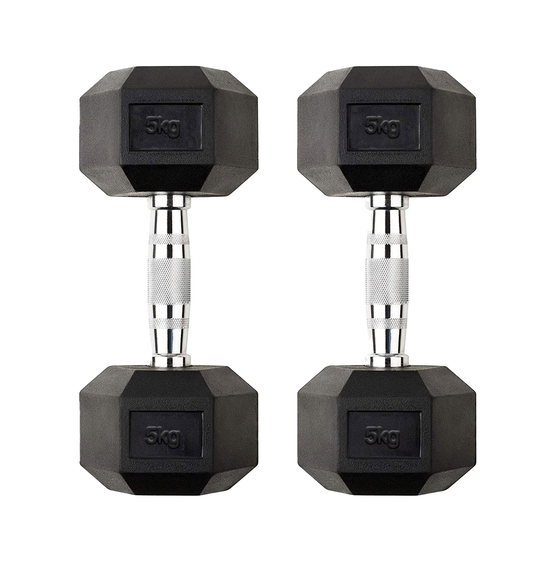 Home Gym 5kg Hex Dumbbell Set – Rubber Coated Anti Roll Free Weights with Chrome Handles – 2 x 5kg Dumbbells for Strength & Toning
