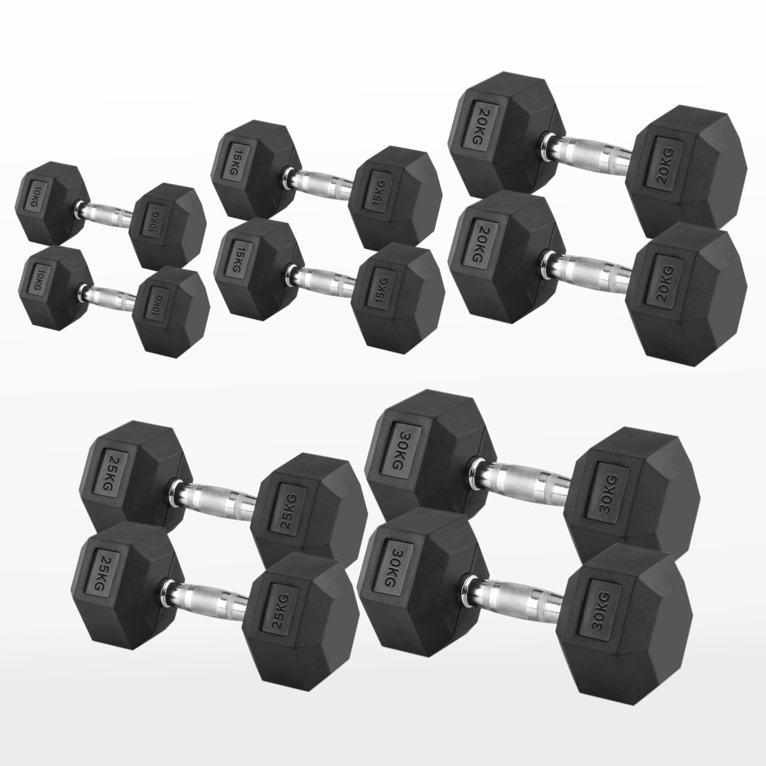 Hex Dumbbells 2.5kg-60kg Pairs & Sets – Rubber-Coated, Anti-Roll Weights with Rack Option – Strength Training for Home Gym or Studio Use