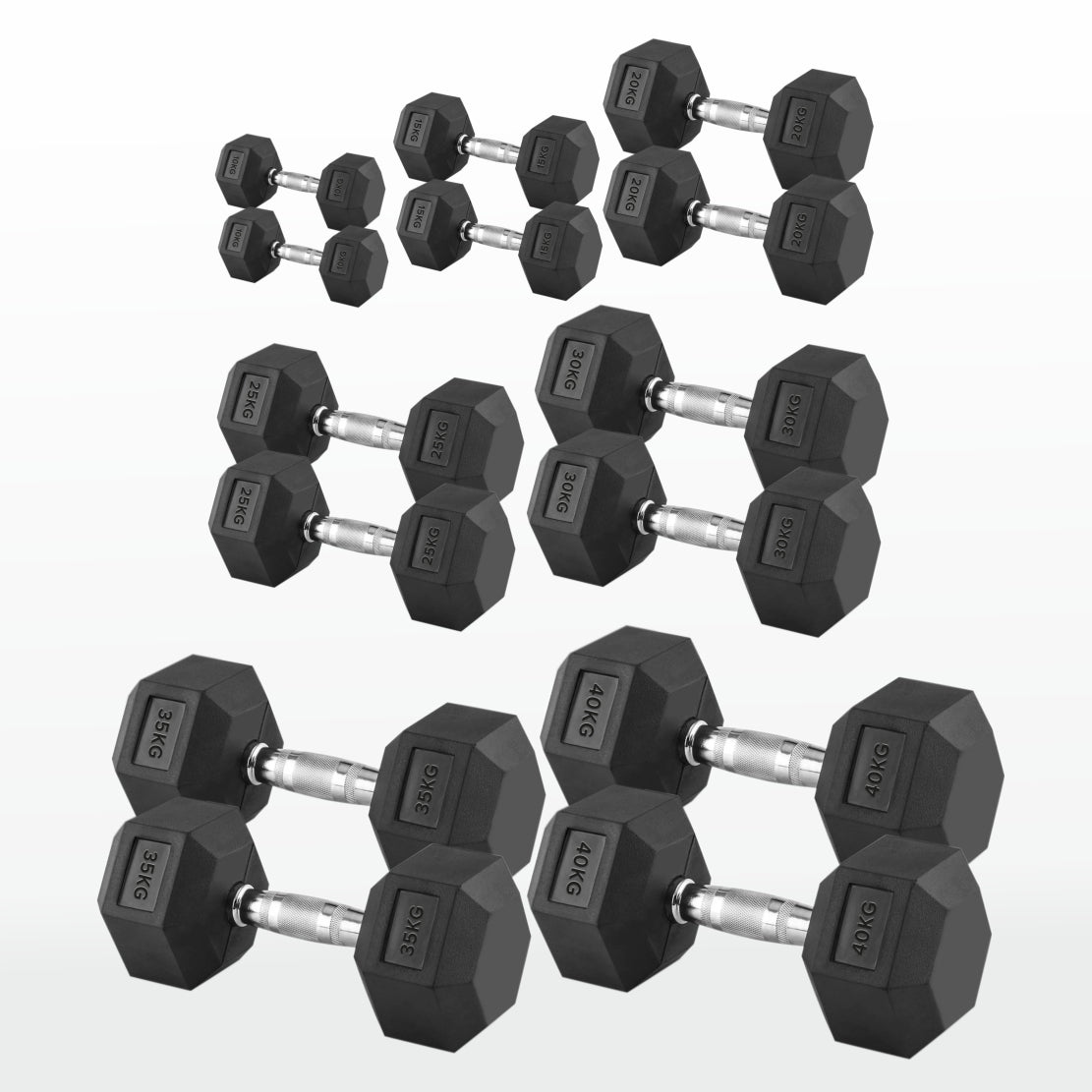 Hex Dumbbells 2.5kg-60kg Pairs & Sets – Rubber-Coated, Anti-Roll Weights with Rack Option – Strength Training for Home Gym or Studio Use