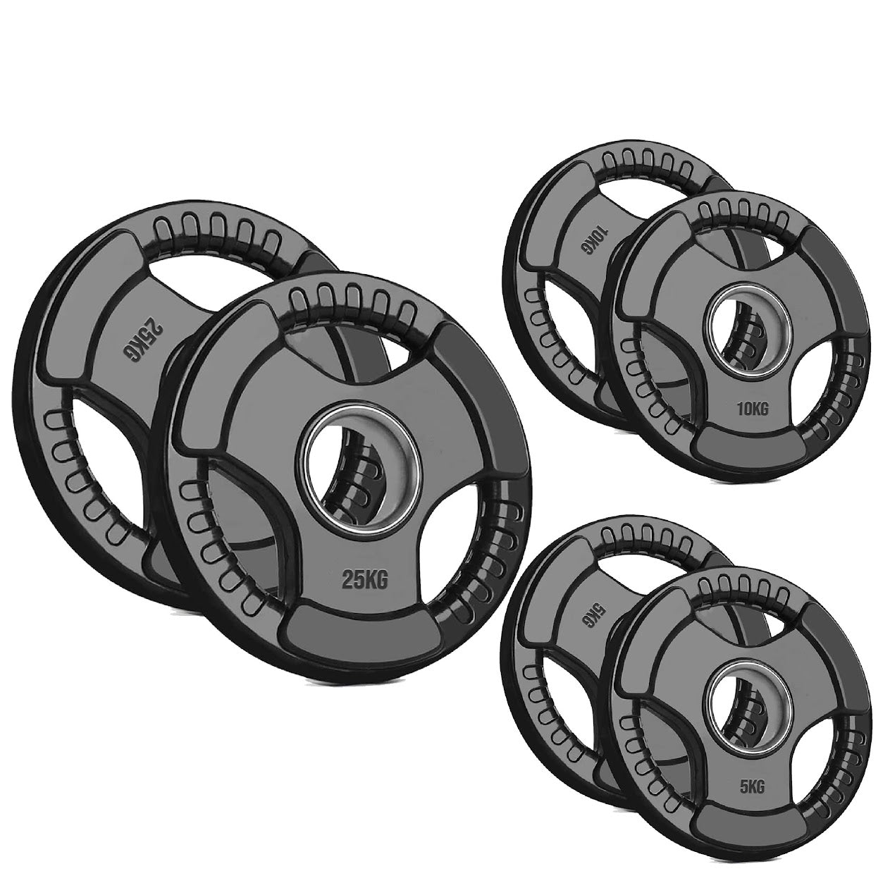 Black Rubber‑Coated Cast‑Iron Tri‑Grip Olympic Plate – Ergonomic Workout Disc for Strength Training, Deadlifts, Barbells & Dumbbells – Home Gym