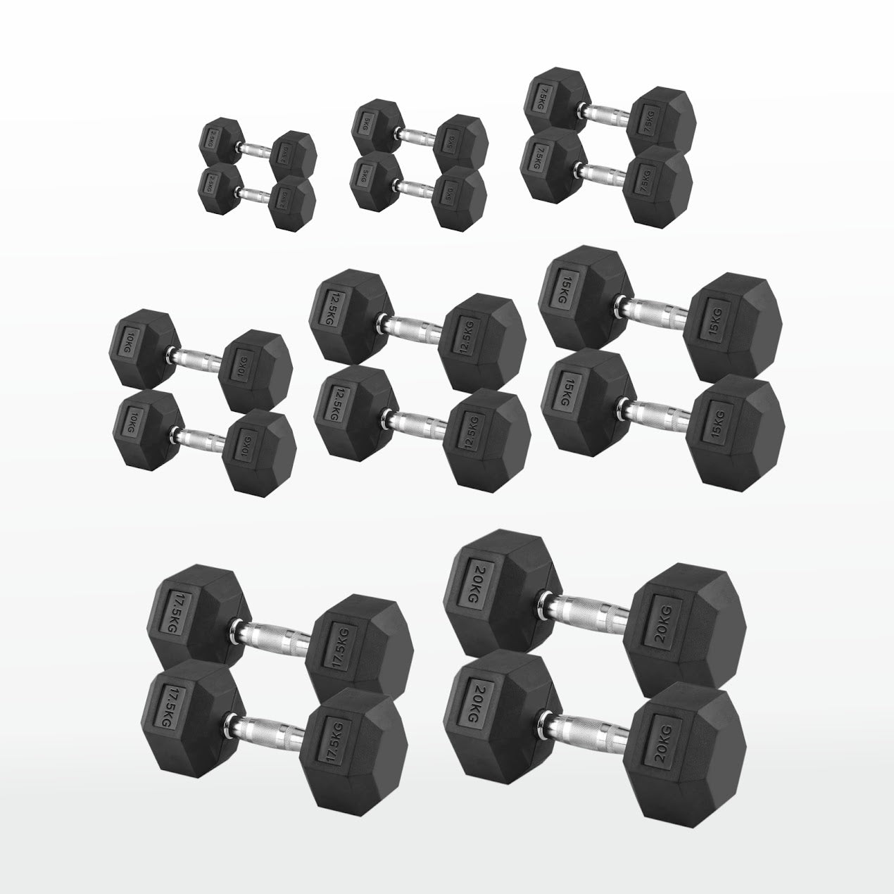 Hex Dumbbells 2.5kg-60kg Pairs & Sets – Rubber-Coated, Anti-Roll Weights with Rack Option – Strength Training for Home Gym or Studio Use