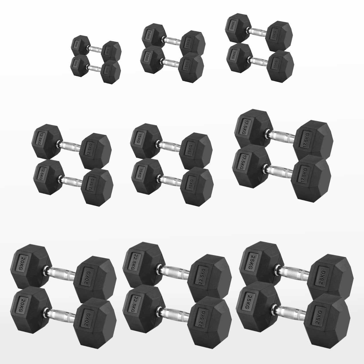 Hex Dumbbells 2.5kg-60kg Pairs & Sets – Rubber-Coated, Anti-Roll Weights with Rack Option – Strength Training for Home Gym or Studio Use