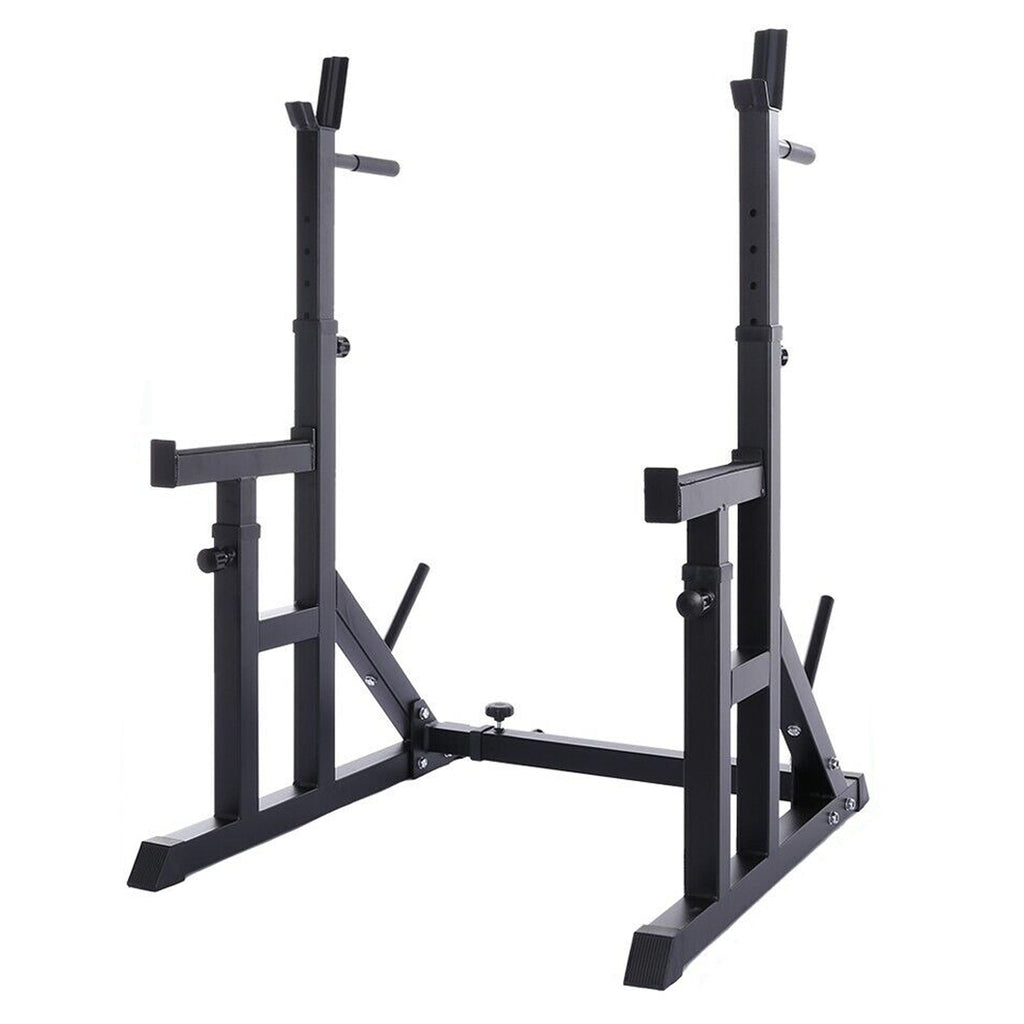 Multi-Function Squat & Bench Press Rack – Adjustable Steel Stand with Dip Handles, Safety Spotters & Wide Base for Garage or Home Gym Strength Training