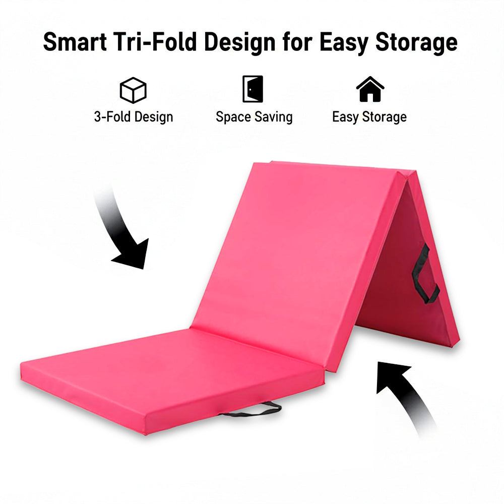 Tri-Fold Gymnastics Exercise Mat – 5cm Thick High-Density Foam, PU Leather Non-Slip Folding Crash Mat with Carry Handles for Yoga, Pilates & Home Gym Training