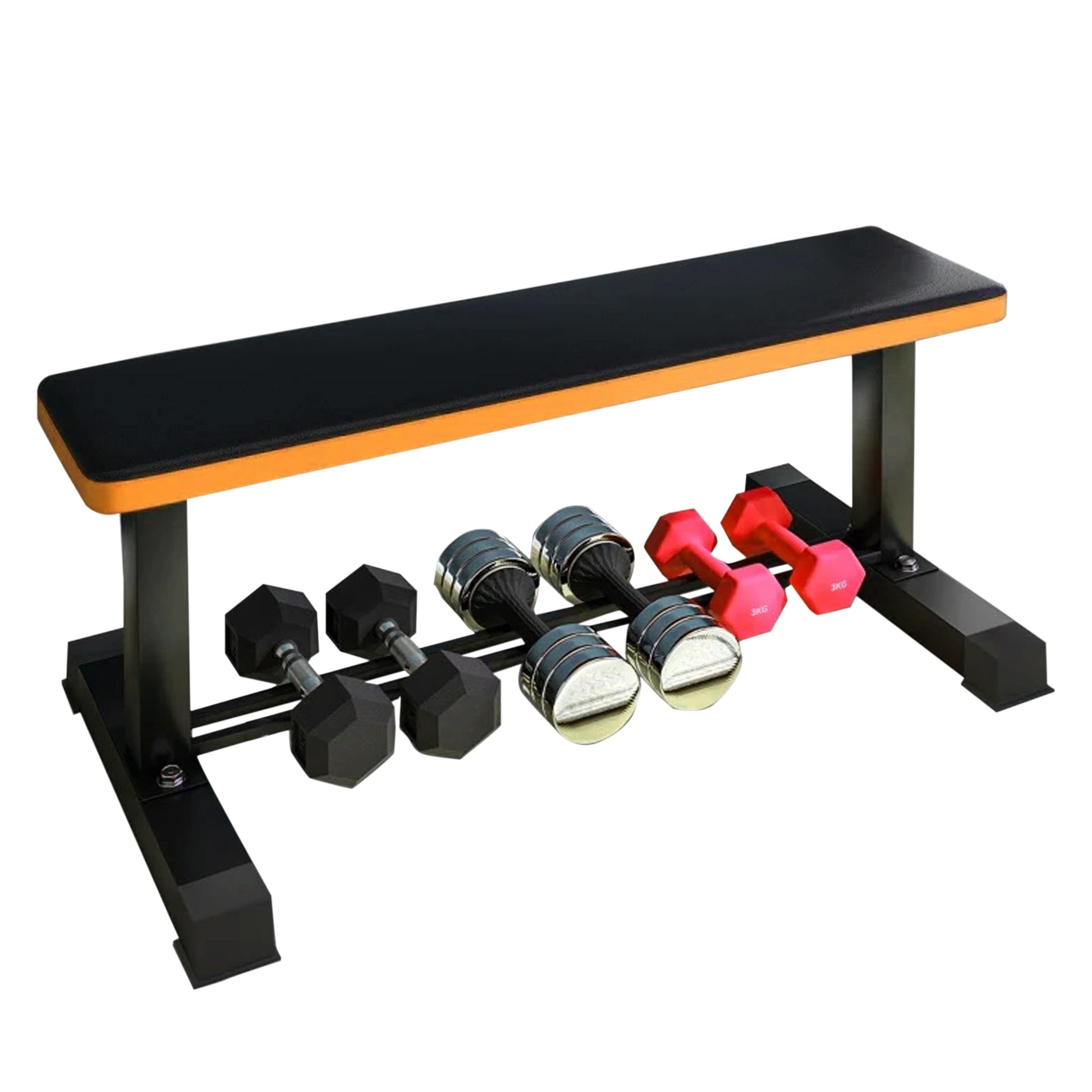 Strength Training Flat Bench with Dumbbell Storage – Heavy Steel Frame, Non-Slip Padding, Ideal for Bench Press & Home Workouts