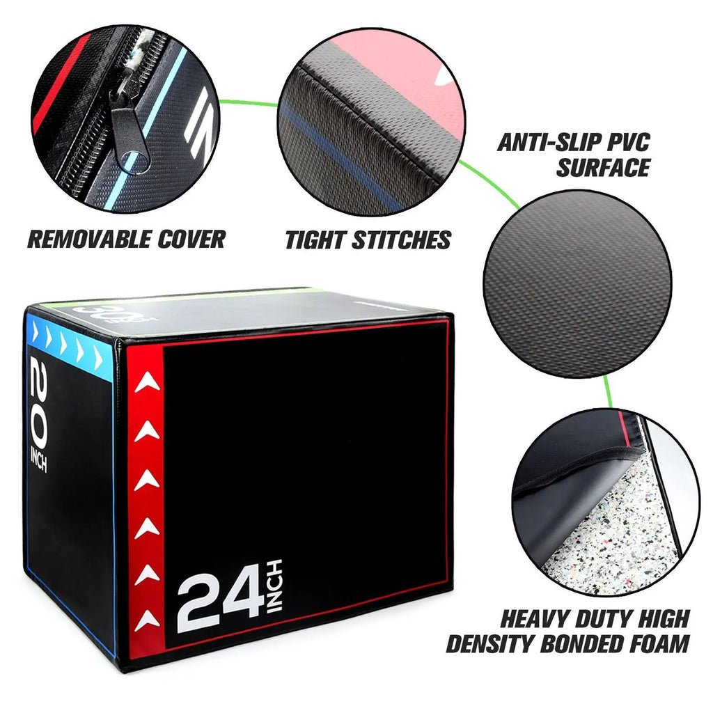 Plyometric Jump Box 3-in-1 – Soft Foam, Non-Slip PVC Cover, Shock-Absorbent for Box Jumps, Step-Ups & HIIT – Adjustable Height for Compact Home Gym Training