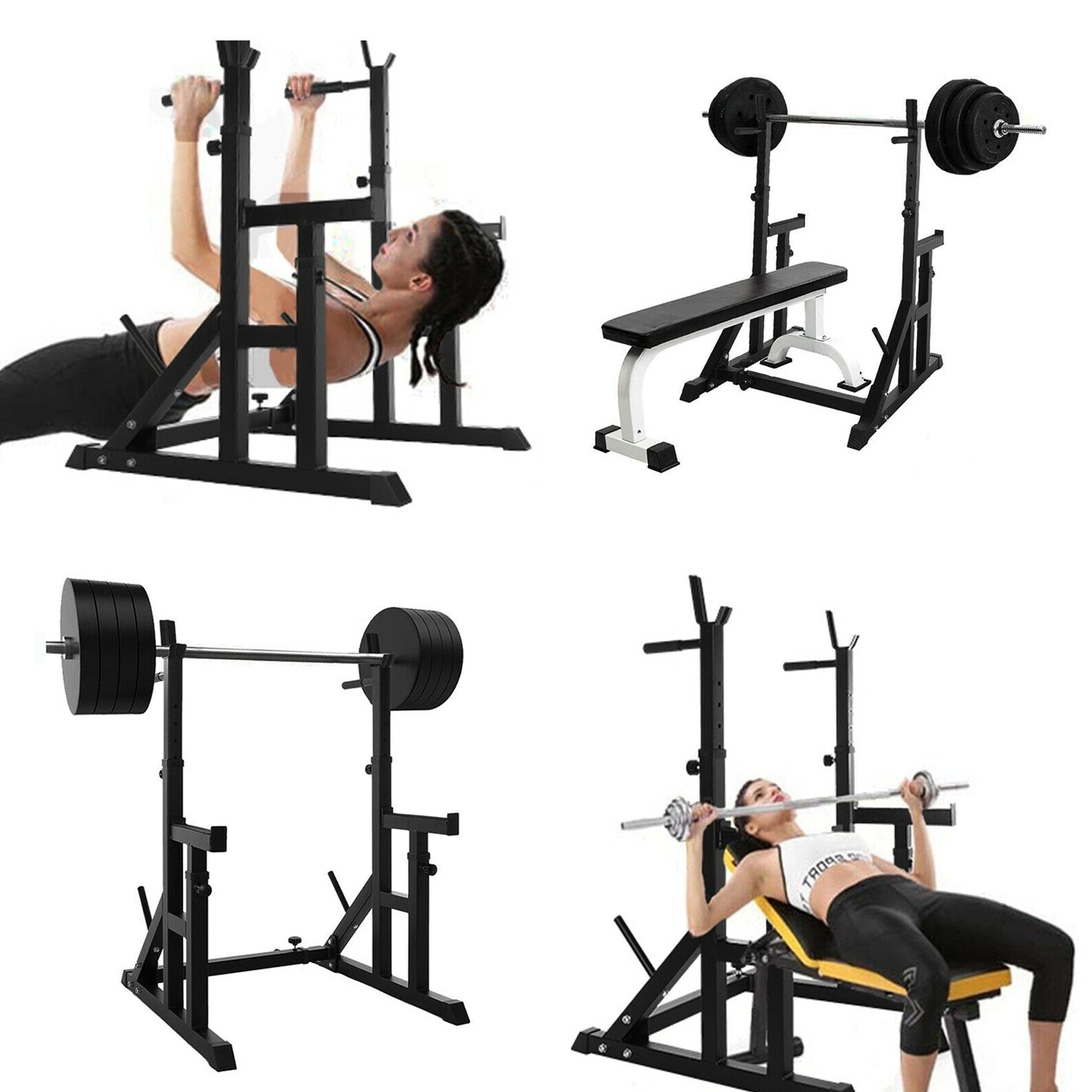 Multi-Function Squat & Bench Press Rack – Adjustable Steel Stand with Dip Handles, Safety Spotters & Wide Base for Garage or Home Gym Strength Training