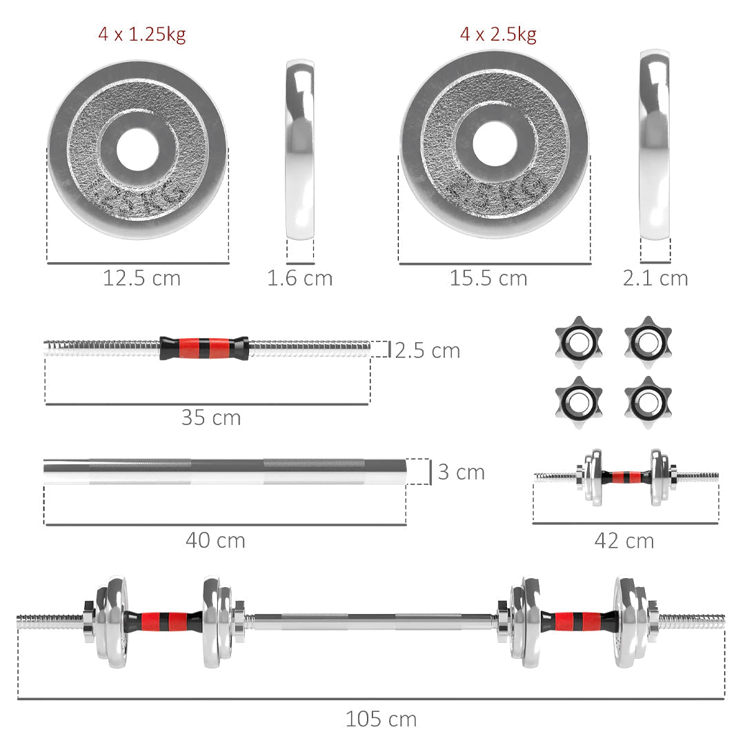 20 kg Adjustable Dumbbell & Barbell Combo – Steel Handles, Cast-Iron Plates, Compact Weight Set for Home Gym Strength Training