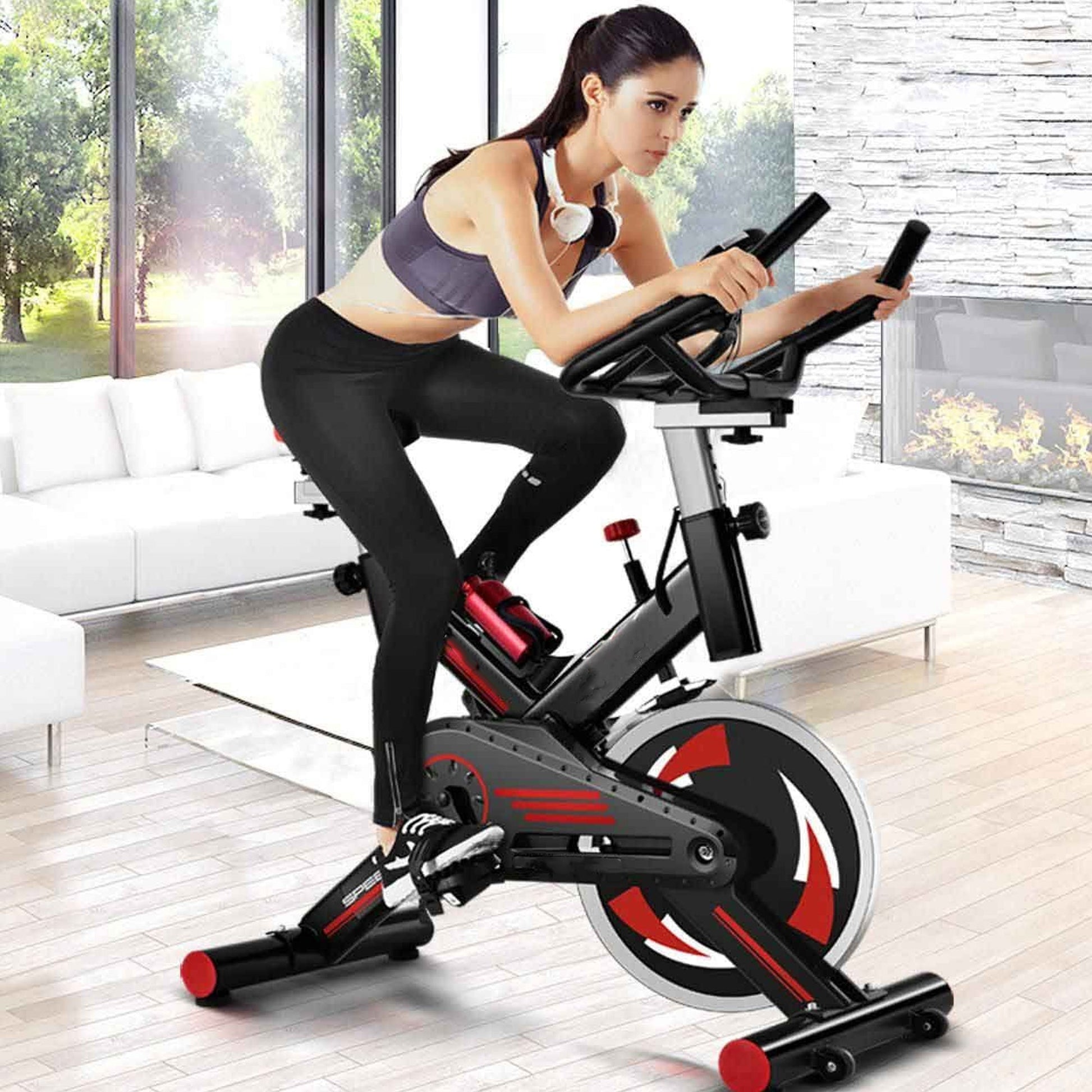 Indoor Stationary Spin Bike with Silent Belt Drive, LCD Monitor & Tablet Mount – Adjustable Steel Frame for Cardio Training in Home Gym Setups