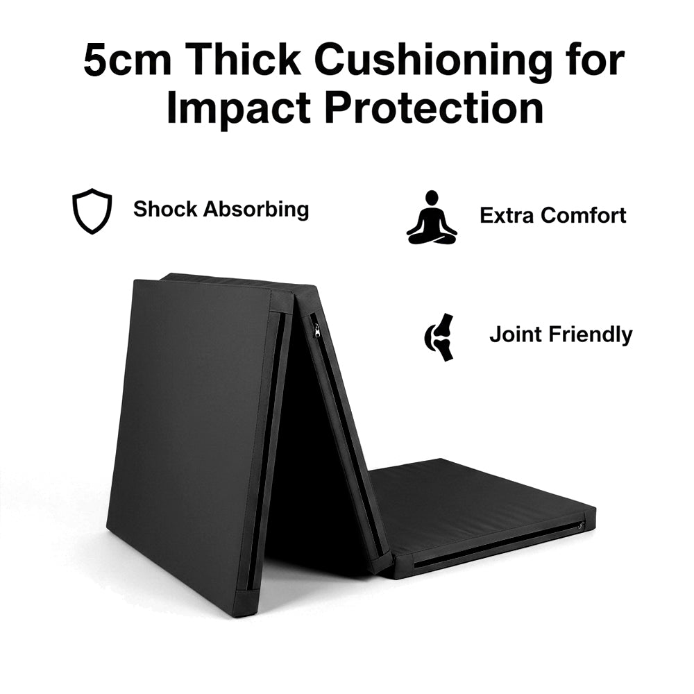 Tri-Fold Gymnastics Exercise Mat – 5cm Thick High-Density Foam, PU Leather Non-Slip Folding Crash Mat with Carry Handles for Yoga, Pilates & Home Gym Training