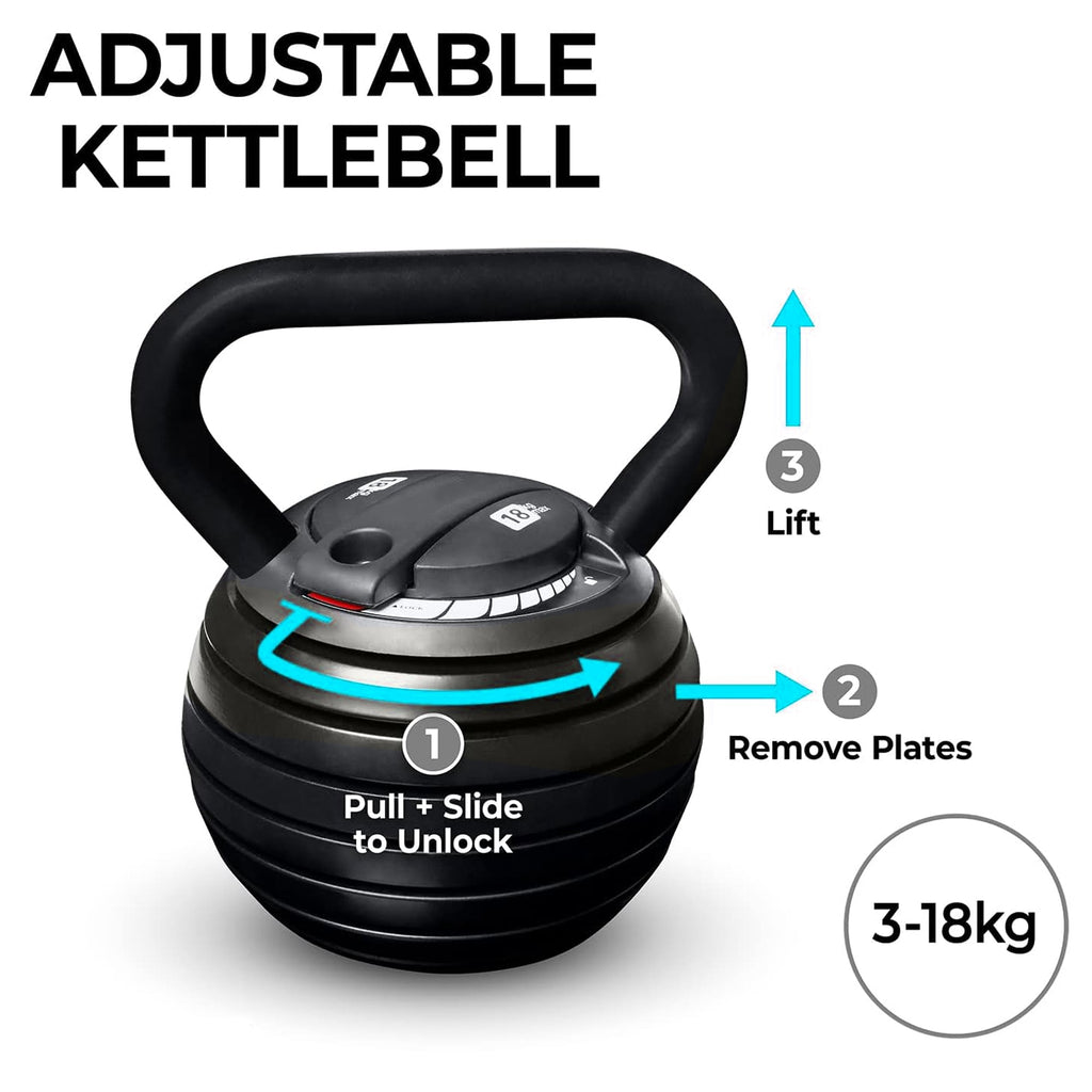 Professional 18kg Adjustable Kettlebell – Fast Weight Change System, Powder-Coated Steel, and Ergonomic Grip for Total Body Training at Home