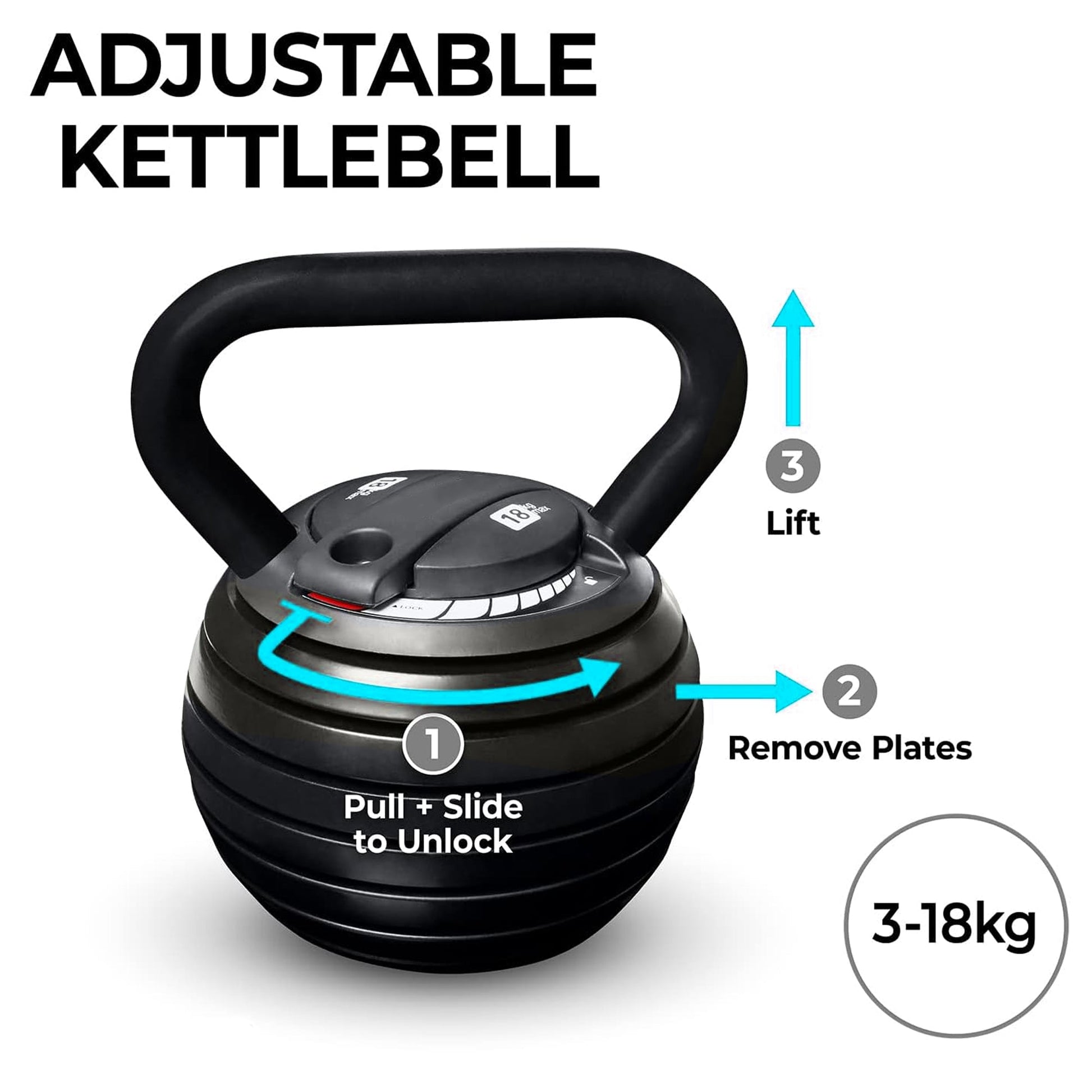 Professional 18kg Adjustable Kettlebell – Fast Weight Change System, Powder-Coated Steel, and Ergonomic Grip for Total Body Training at Home