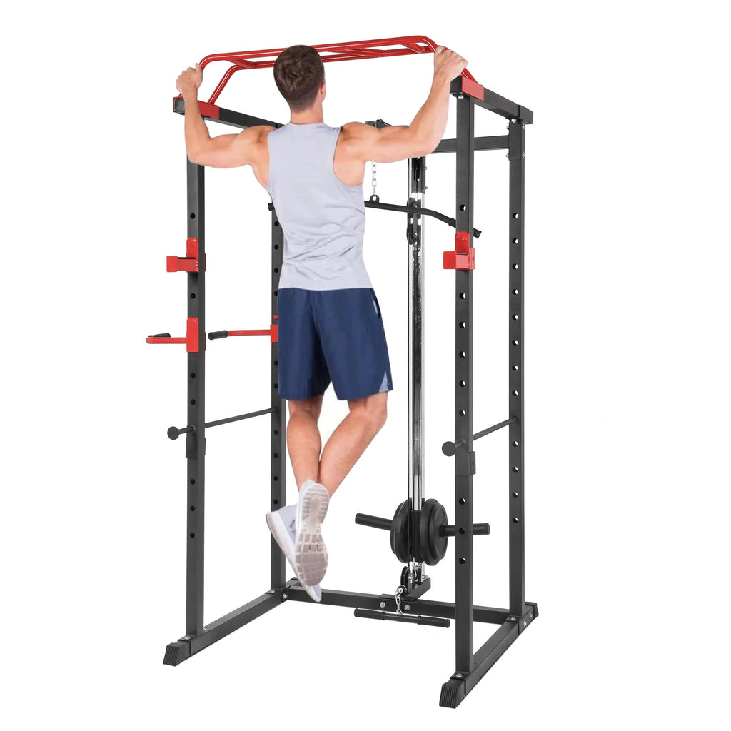 Multi-Function Power Cage – Adjustable Steel Rack with Cable Pulley, Pull-Up Bar & Dip Handles for Compact Home Gym Workouts