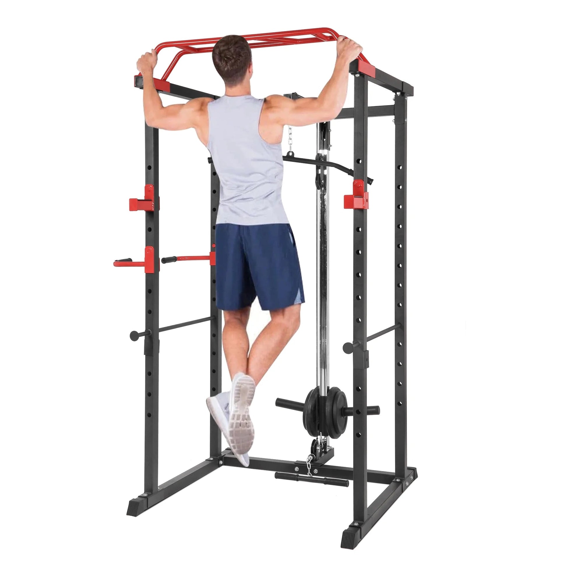 Multi-Function Power Cage – Adjustable Steel Rack with Cable Pulley, Pull-Up Bar & Dip Handles for Compact Home Gym Workouts