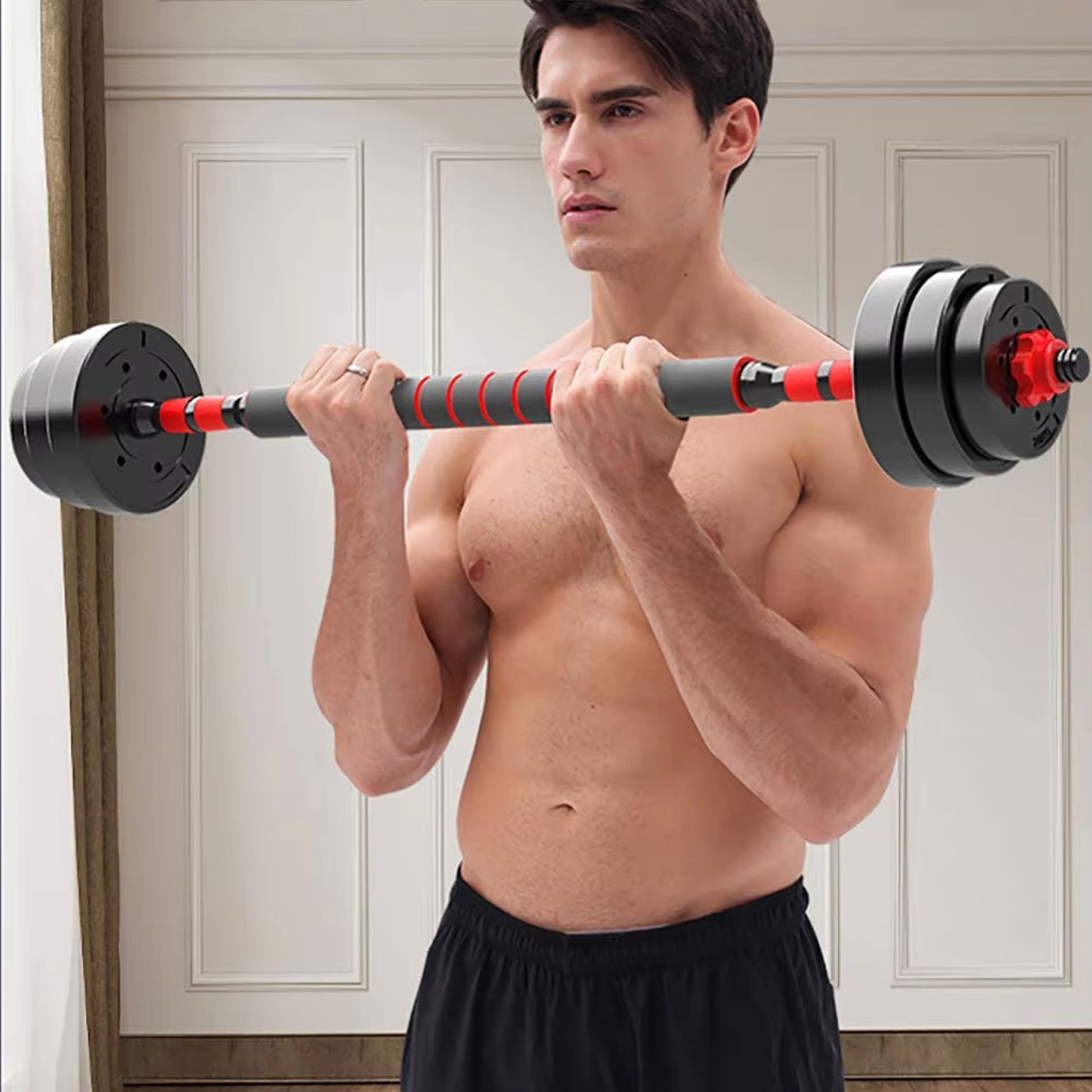 Home Gym Dumbbell & Barbell Set – Vinyl-Coated Cast Iron, 20–30 kg Adjustable | 2‑in‑1 Strength Kit with Connector for Full-Body Training