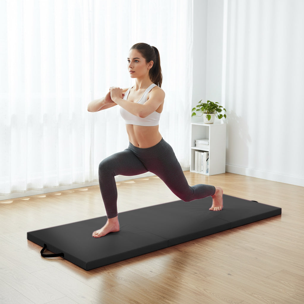Tri-Fold Gymnastics Exercise Mat – 5cm Thick High-Density Foam, PU Leather Non-Slip Folding Crash Mat with Carry Handles for Yoga, Pilates & Home Gym Training