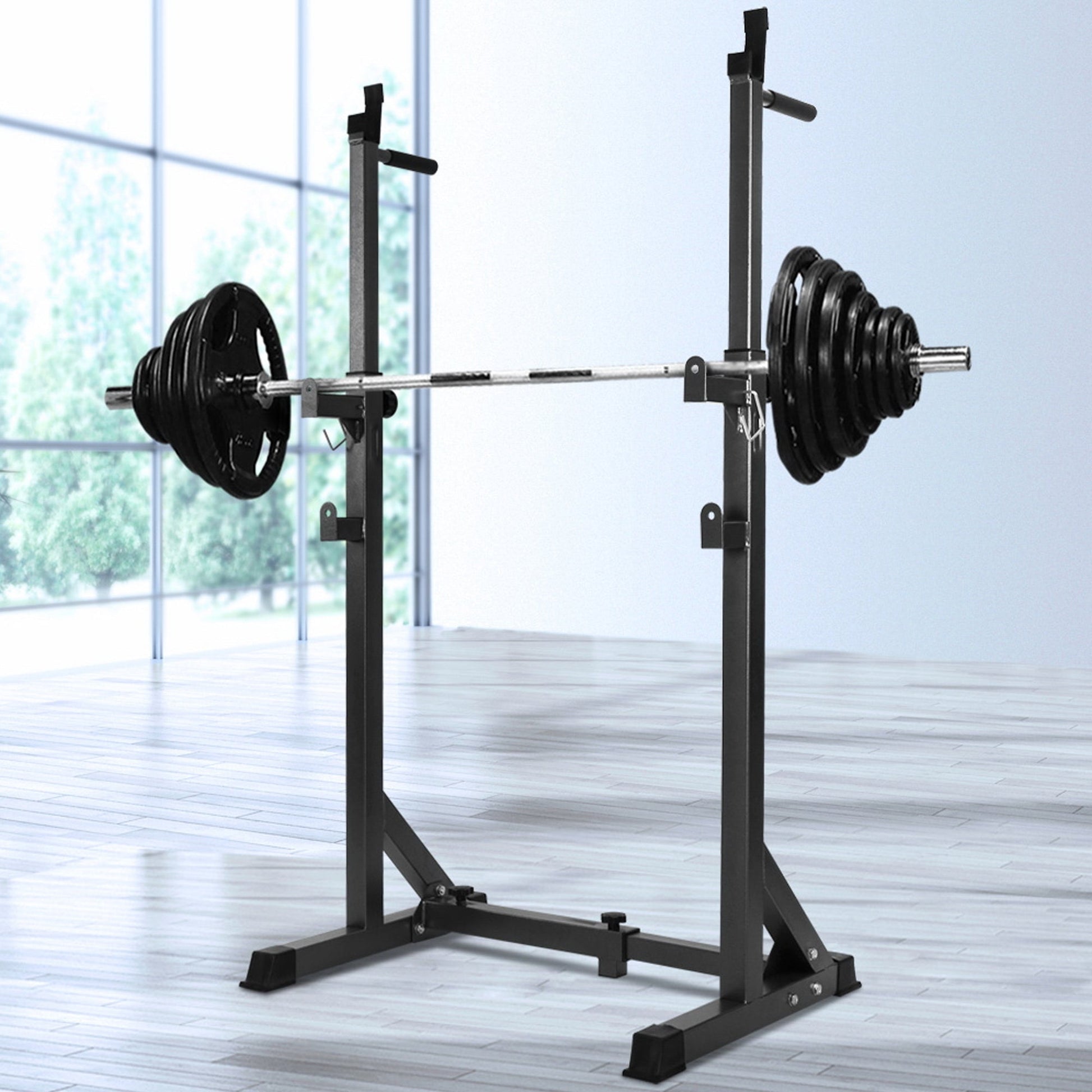 Precision Lift Platform – Heavy‑Duty Barbell Squat Rack with Dip Handles, 200kg Capacity, Adjustable Frame with Safety Spotters for Home Use
