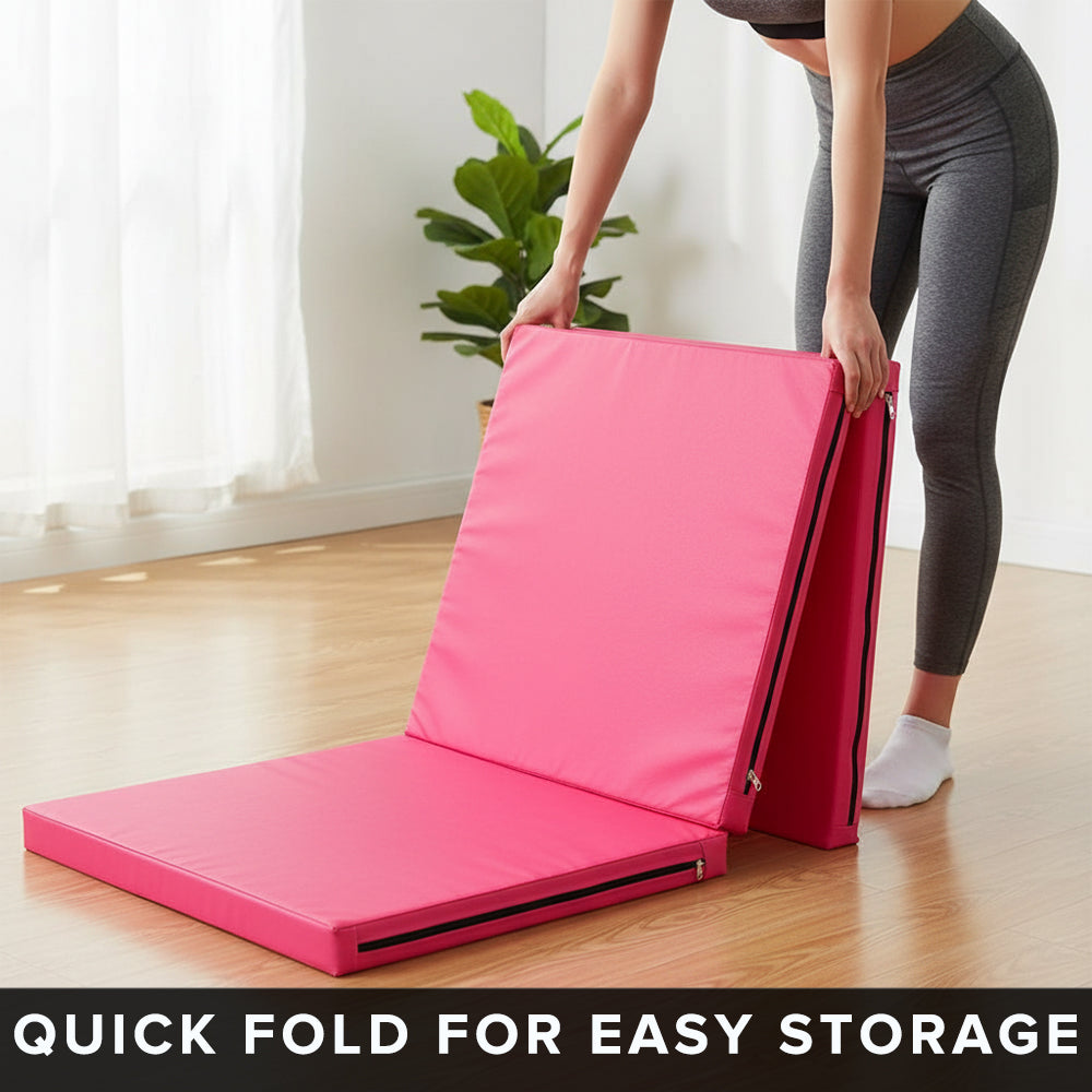 Tri-Fold Gymnastics Exercise Mat – 5cm Thick High-Density Foam, PU Leather Non-Slip Folding Crash Mat with Carry Handles for Yoga, Pilates & Home Gym Training