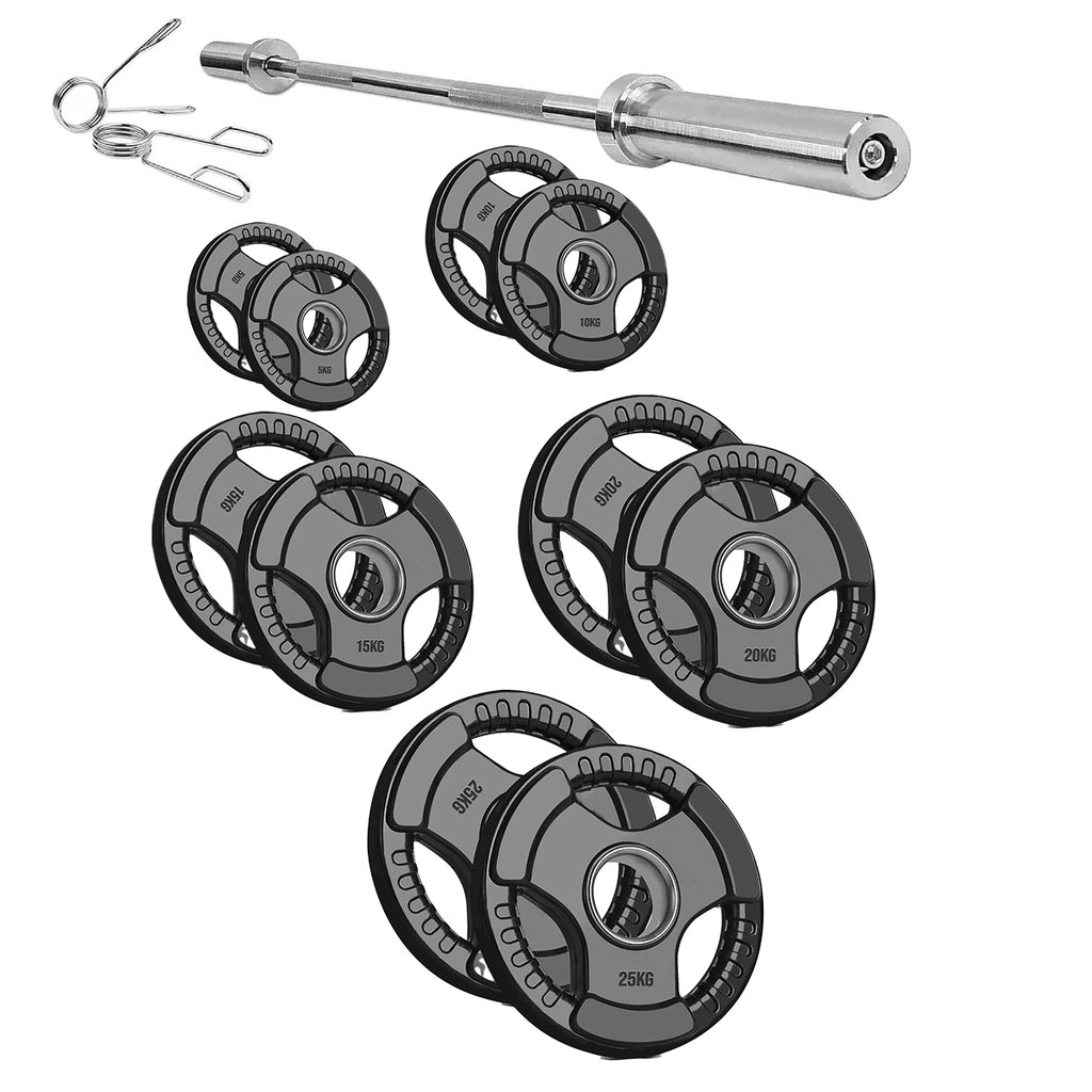 Black Rubber‑Coated Cast‑Iron Tri‑Grip Olympic Plate – Ergonomic Workout Disc for Strength Training, Deadlifts, Barbells & Dumbbells – Home Gym