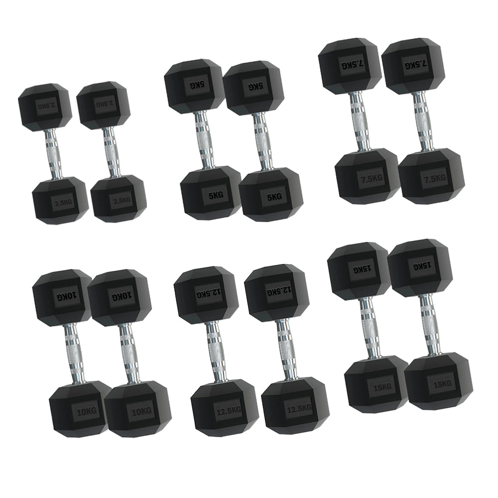 Complete Hex Dumbbell Set 2.5kg–30kg (6 Pairs) with Rubber Coating & Optional Space-Saving Tier 6 Rack for Compact Home & Garage Gym Strength Training