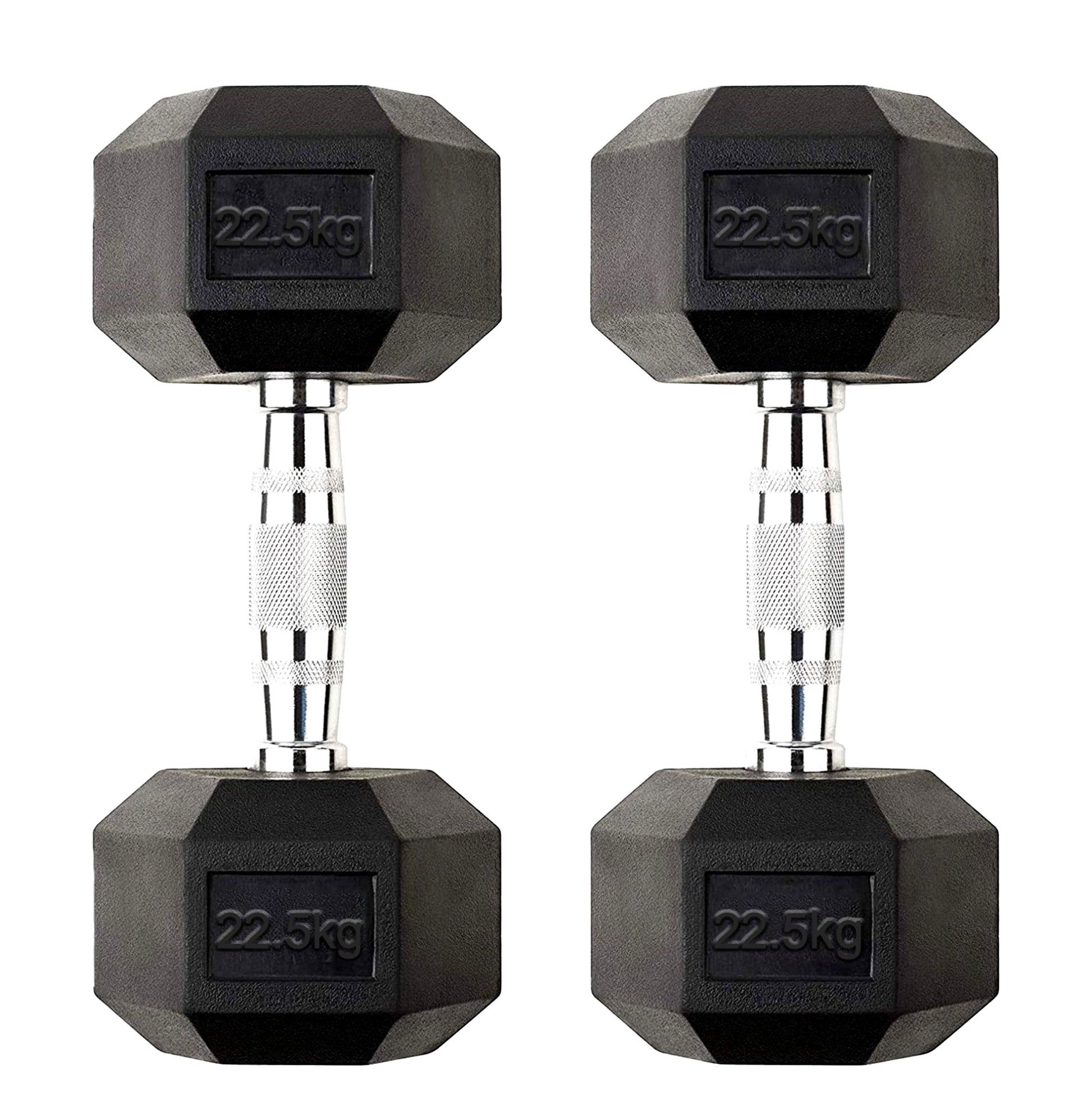 Heavy Duty 22.5kg Rubber Hex Dumbbells – 2 x Cast Iron Free Weights with Anti Roll Hex Heads & Chrome Grip for Strength Training and Home Gym Workouts