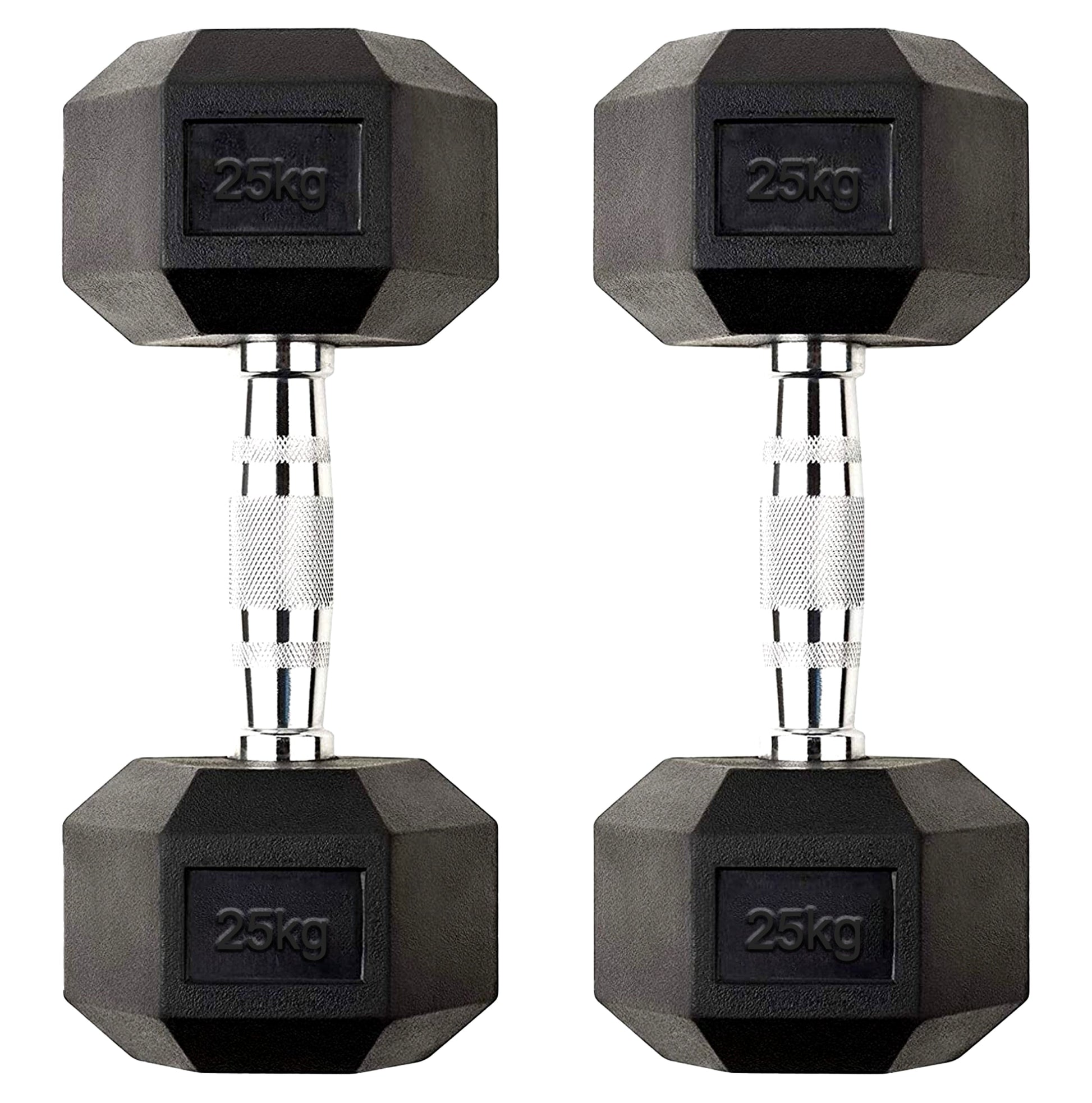 Heavy 25kg Hex Dumbbells – 2 x Rubber-Coated Cast Iron Weights with Non Roll Hex Shape & Comfortable Chrome Grip for Advanced Home and Gym Workouts