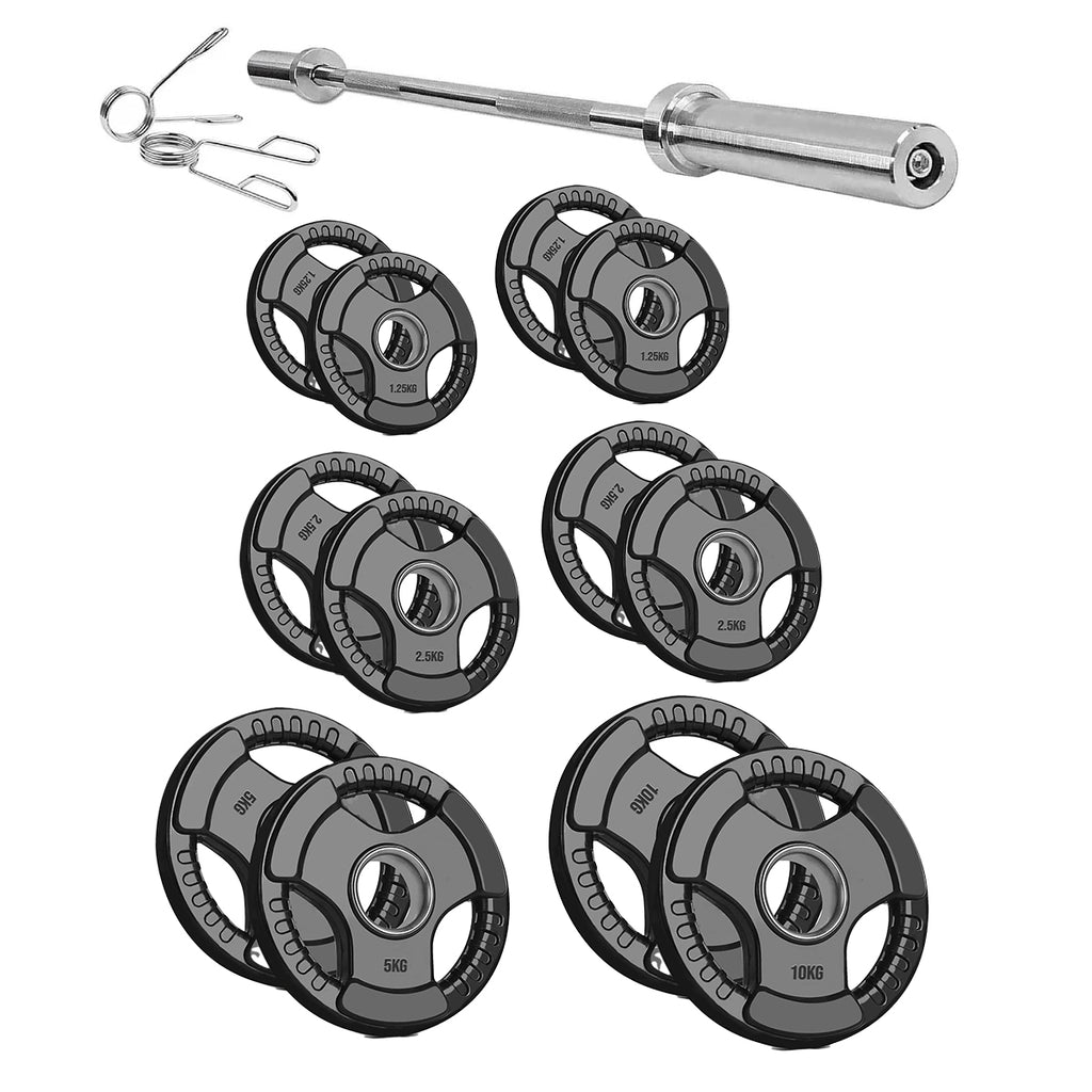 Black Rubber‑Coated Cast‑Iron Tri‑Grip Olympic Plate – Ergonomic Workout Disc for Strength Training, Deadlifts, Barbells & Dumbbells – Home Gym