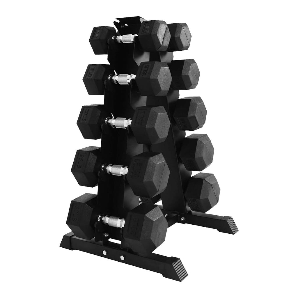 Premium Rubber-Coated Hex Dumbbell Set with 5 Pairs (2.5kg–25kg) Plus Optional Space-Saving 5-Tier Rack – Durable Cast Iron Weights for UK Home Gyms