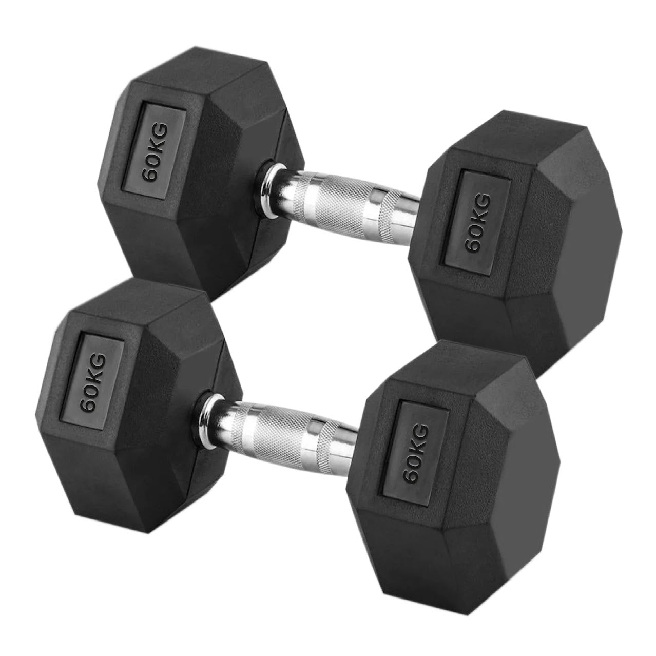 Rubber Coated 60kg Hex Dumbbell Set with Chrome Grip Handles – Heavy Fixed Weights for Advanced Home or Studio Strength Training, Total Weight 120kg