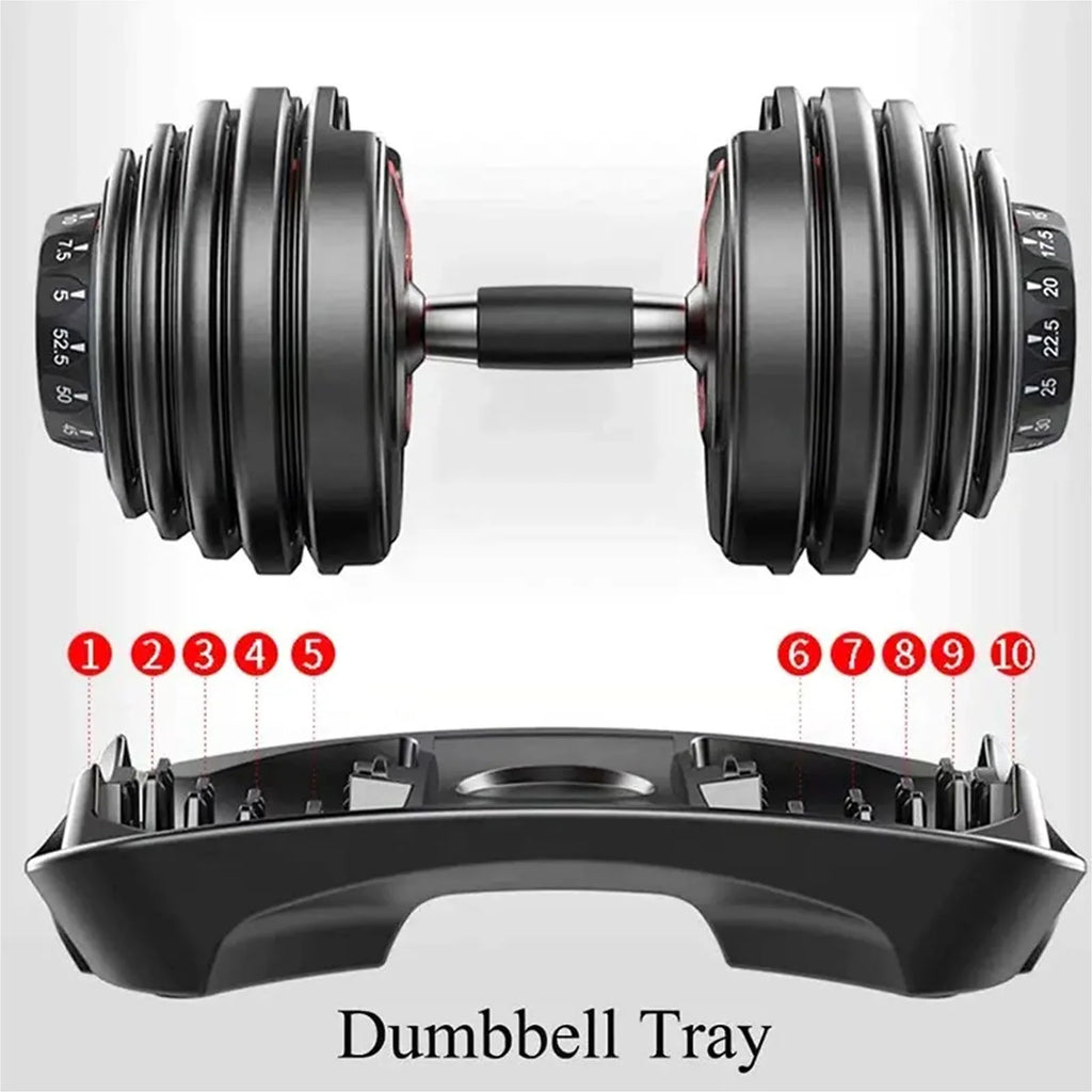 Pair of adjustable dumbbells with weight plates on a white background