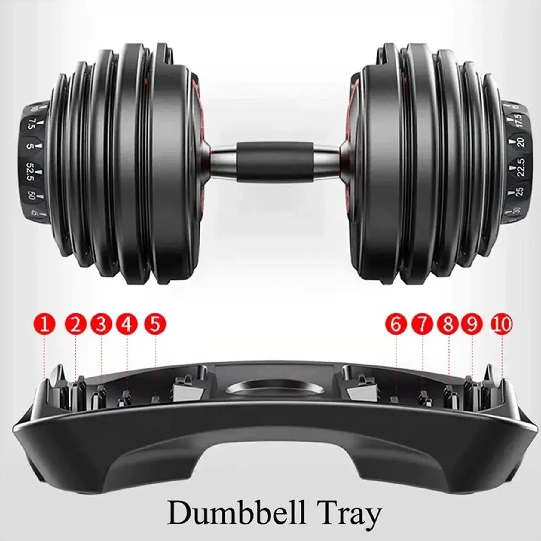 Pair of adjustable dumbbells with weight plates on a white background