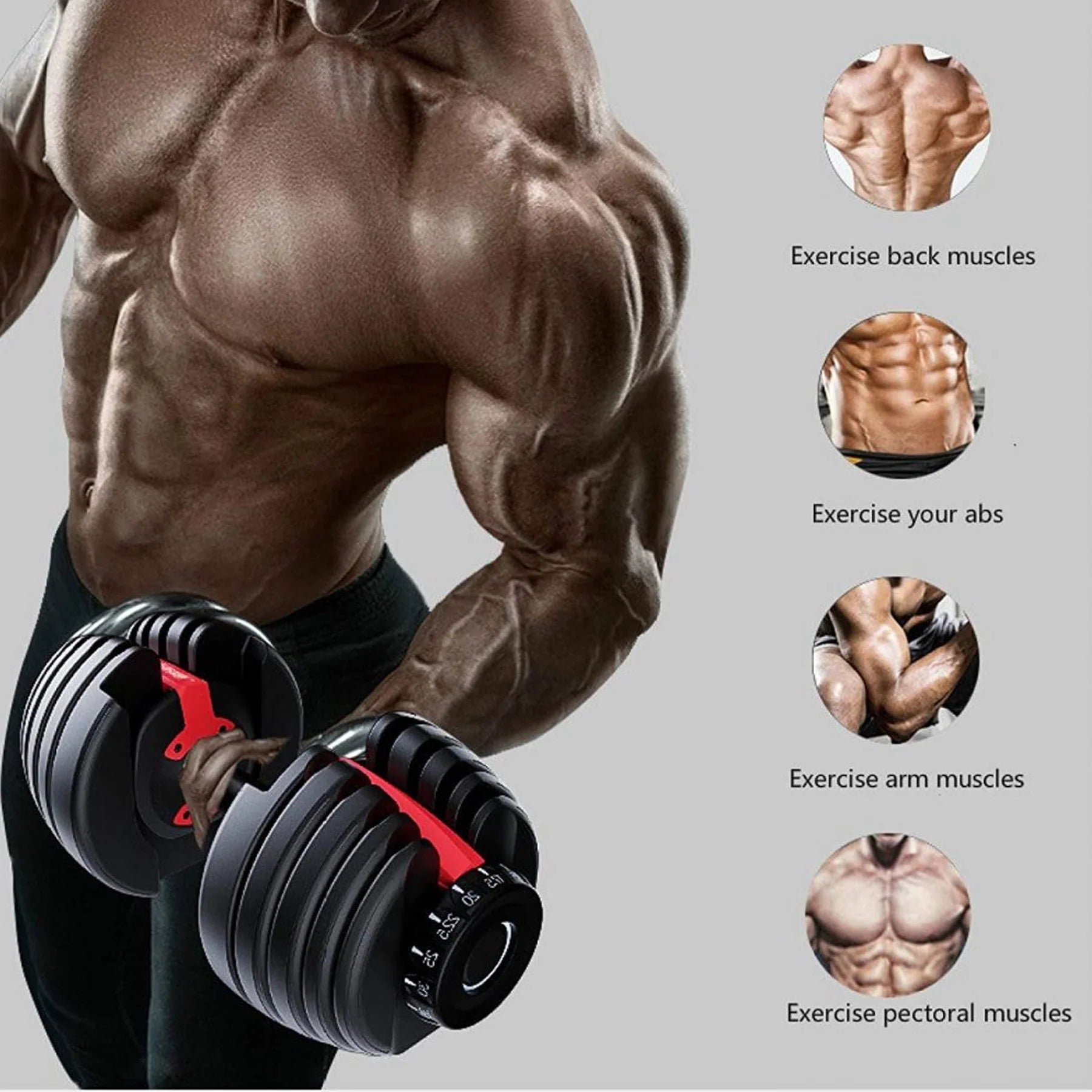 Person holding adjustable dumbbells with muscle exercise icons on a gray background