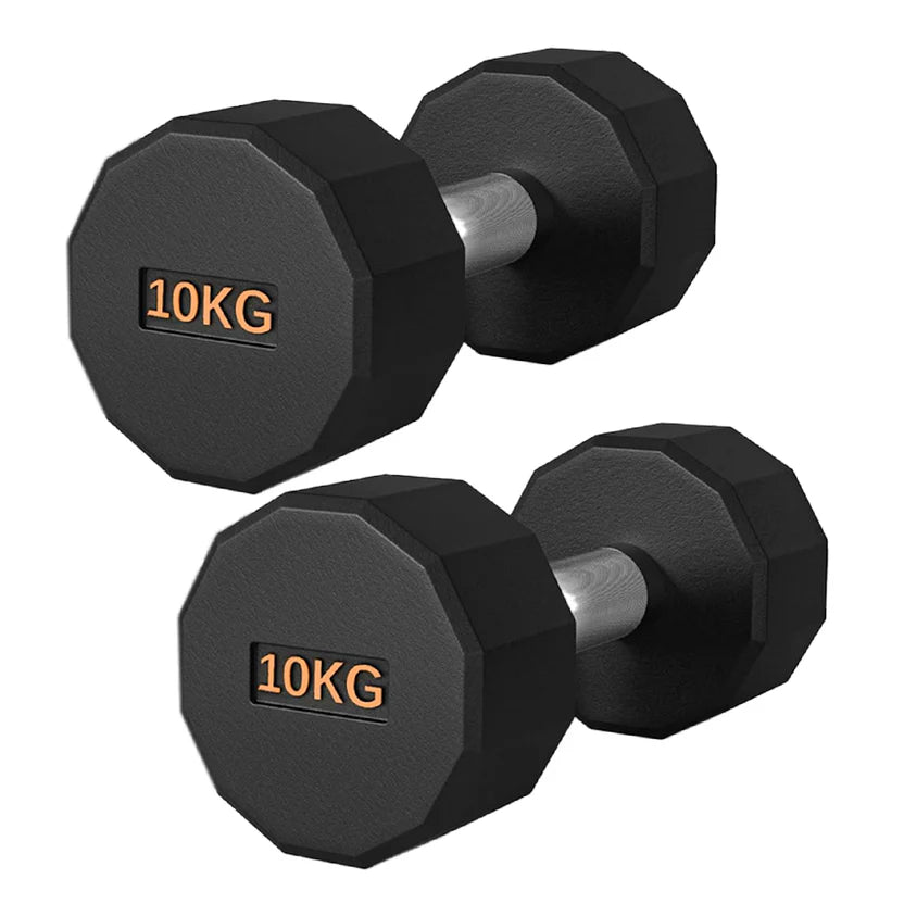 Pair of black dumbbells with '10KG' marking on a white background