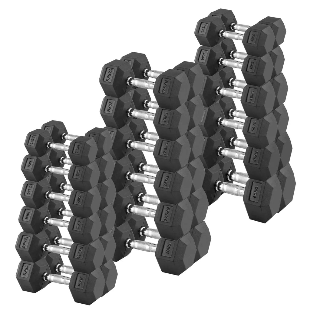 Hex Dumbbells 2.5kg-60kg Pairs & Sets – Rubber-Coated, Anti-Roll Weights with Rack Option – Strength Training for Home Gym or Studio Use