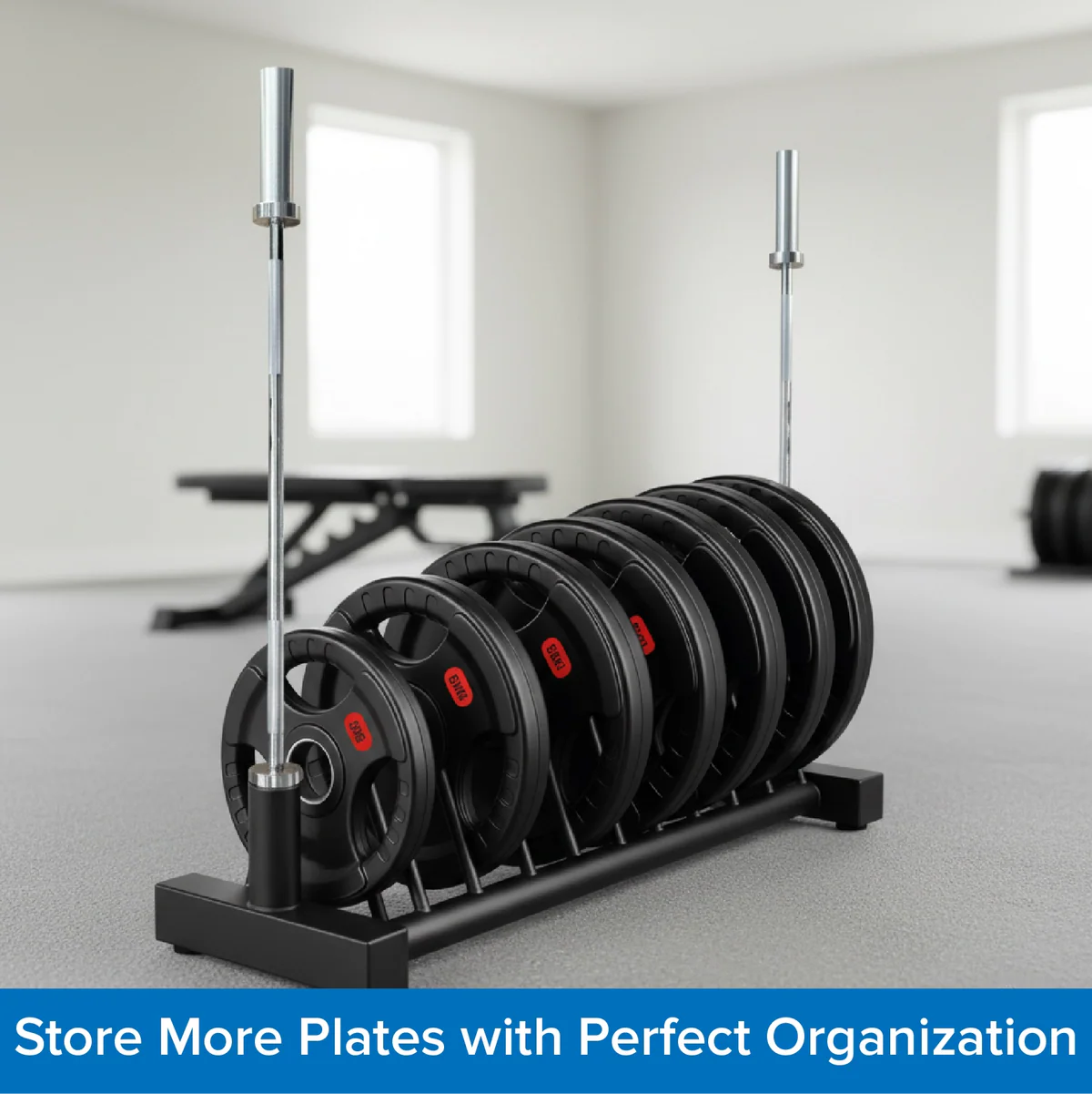 Horizontal Weight Plate Rack, Heavy-Duty Steel Olympic & Standard Plate Storage Holder, Portable Plate Rack & Bar Stand for Home Gym & Strength Training