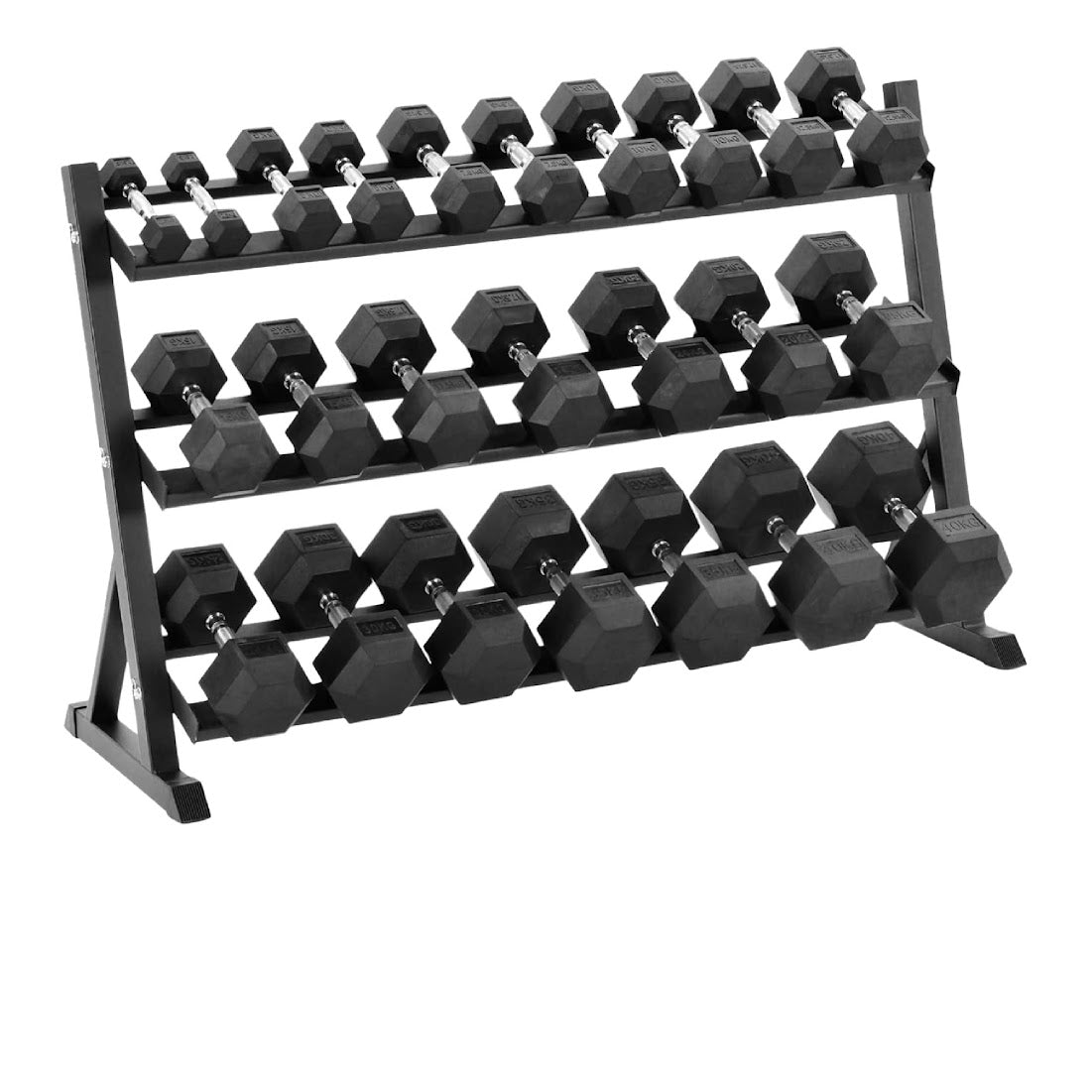 Complete Hex Dumbbell Set with Optional 3-Tier Rack – 11 Pairs from 2.5kg to 30kg, Rubber-Coated, Anti-Roll Design for Home Gyms, Studios & Strength Training