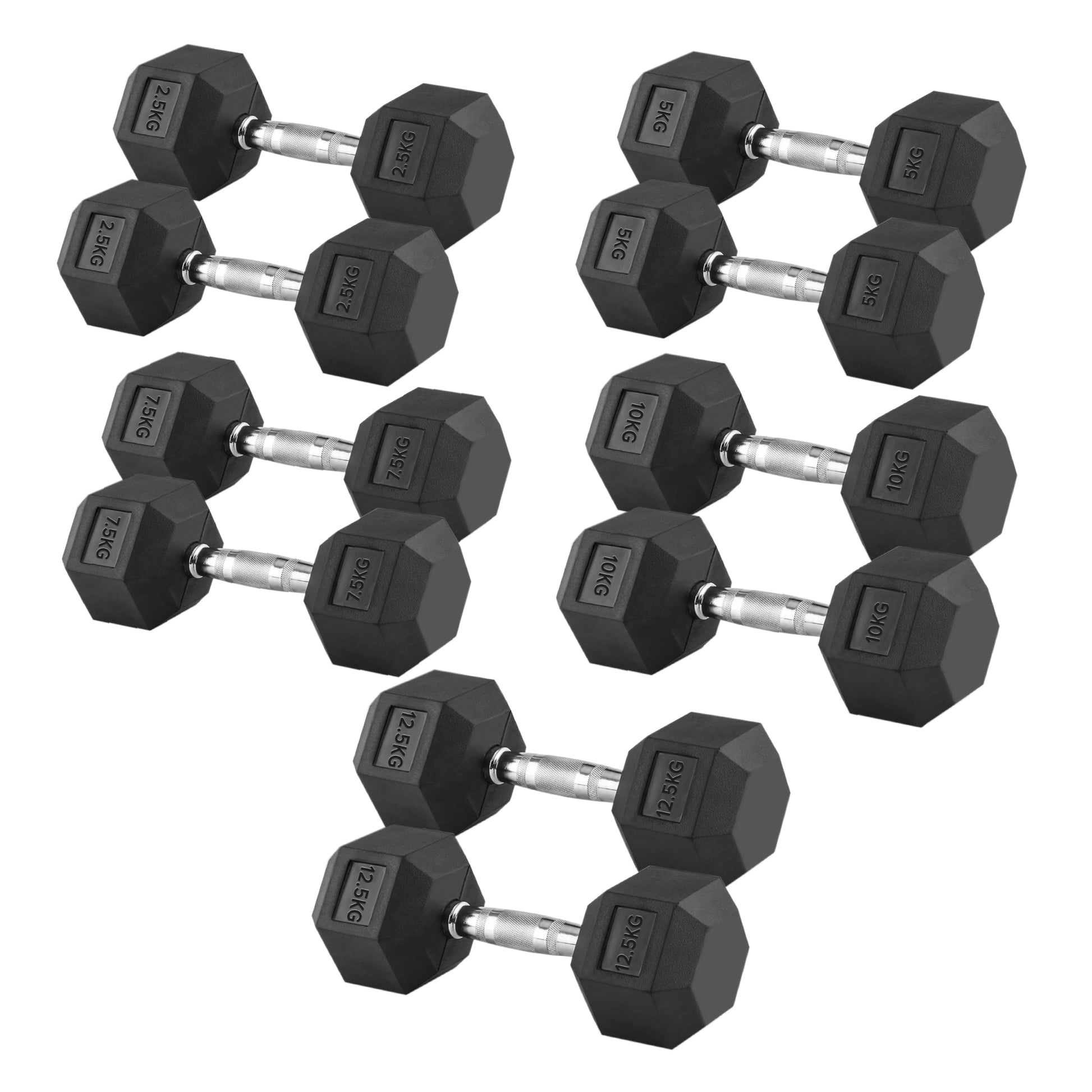 Premium Rubber-Coated Hex Dumbbell Set with 5 Pairs (2.5kg–25kg) Plus Optional Space-Saving 5-Tier Rack – Durable Cast Iron Weights for UK Home Gyms