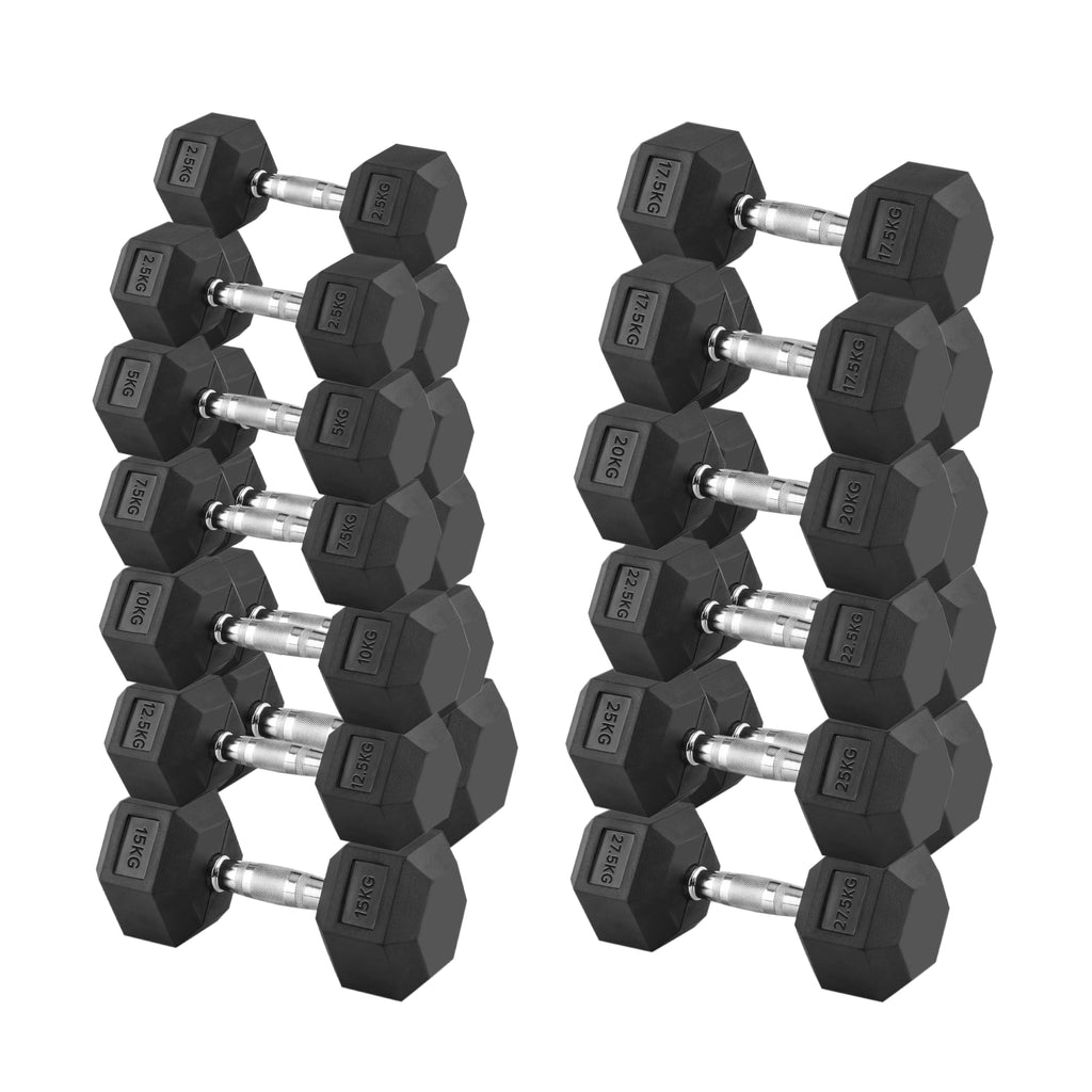 Hex Dumbbells 2.5kg-60kg Pairs & Sets – Rubber-Coated, Anti-Roll Weights with Rack Option – Strength Training for Home Gym or Studio Use