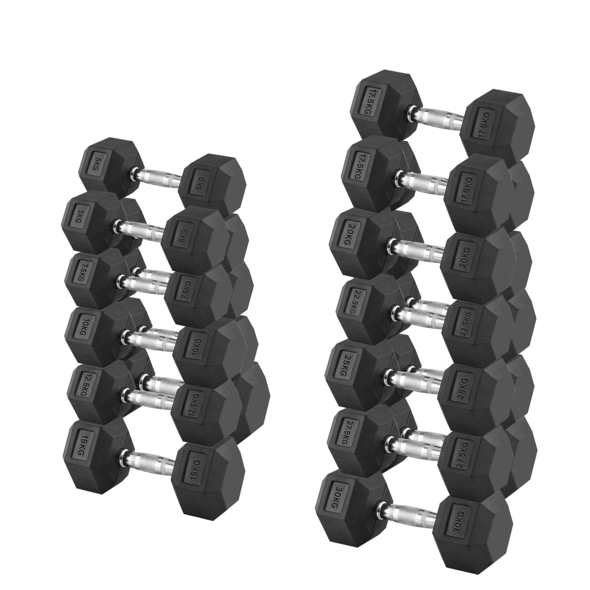 Complete Hex Dumbbell Set with Optional 3-Tier Rack – 11 Pairs from 2.5kg to 30kg, Rubber-Coated, Anti-Roll Design for Home Gyms, Studios & Strength Training