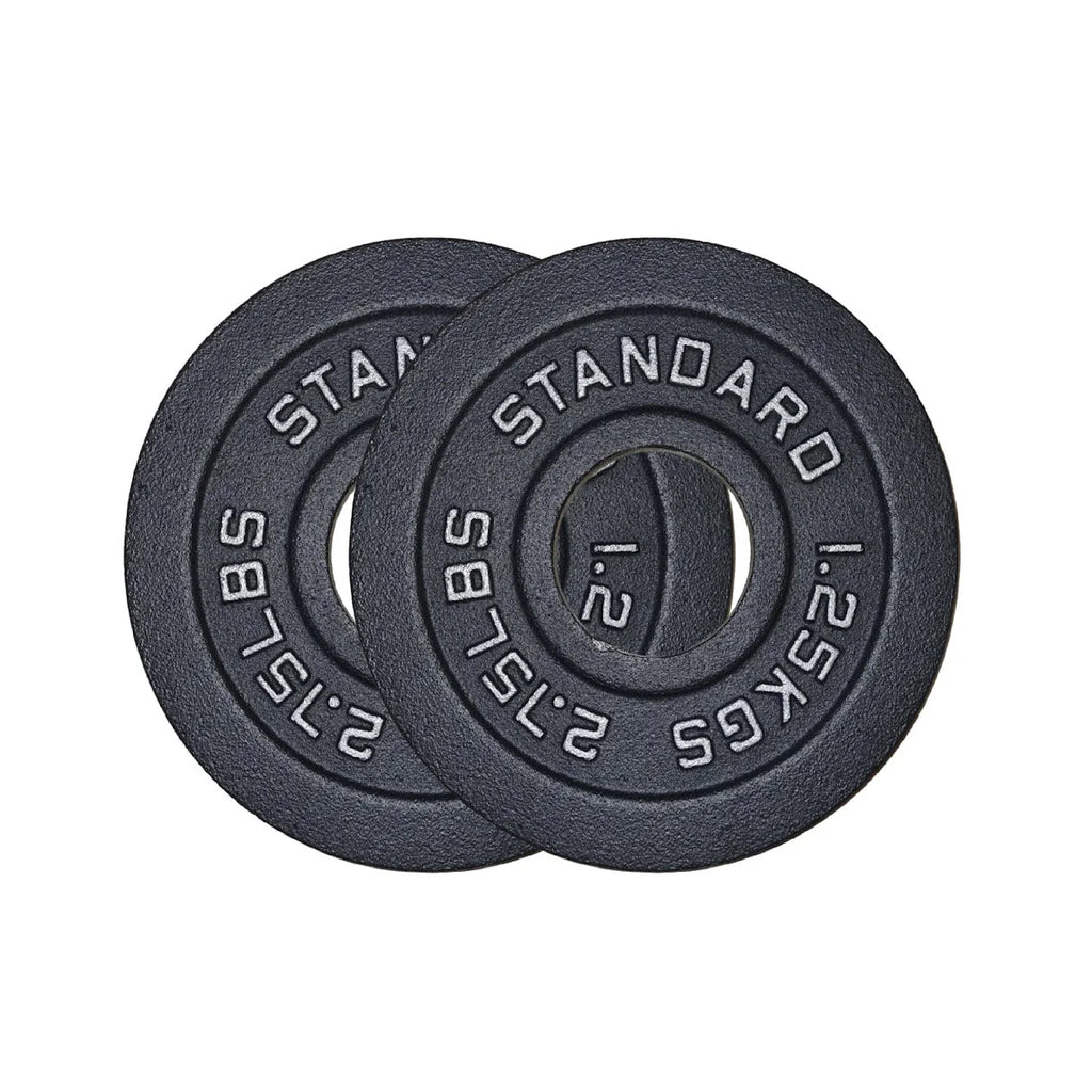 Two black weight plates with 'Standard' and '2.75KGS' text on a white background